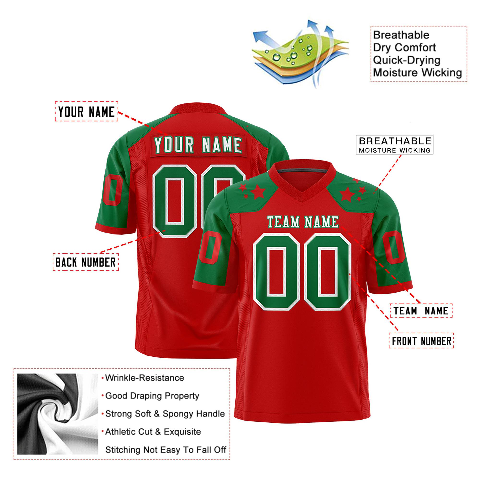 Custom Red Kelly Green Personalized Shoulder Star Pattern Authentic Football Jersey