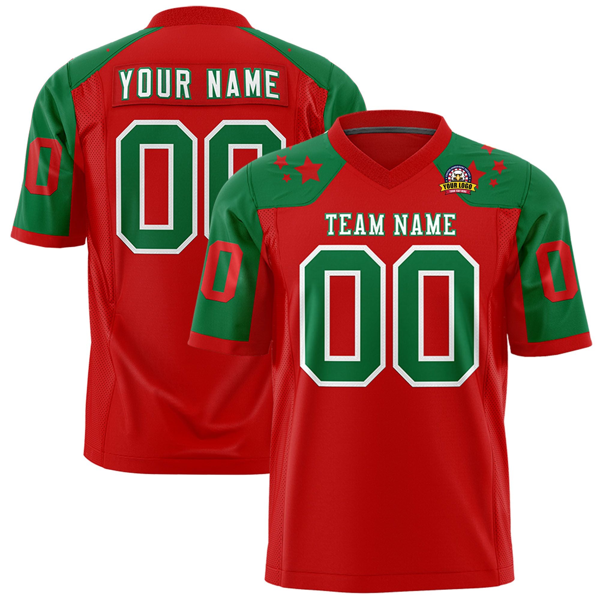 Custom Red Kelly Green Personalized Shoulder Star Pattern Authentic Football Jersey