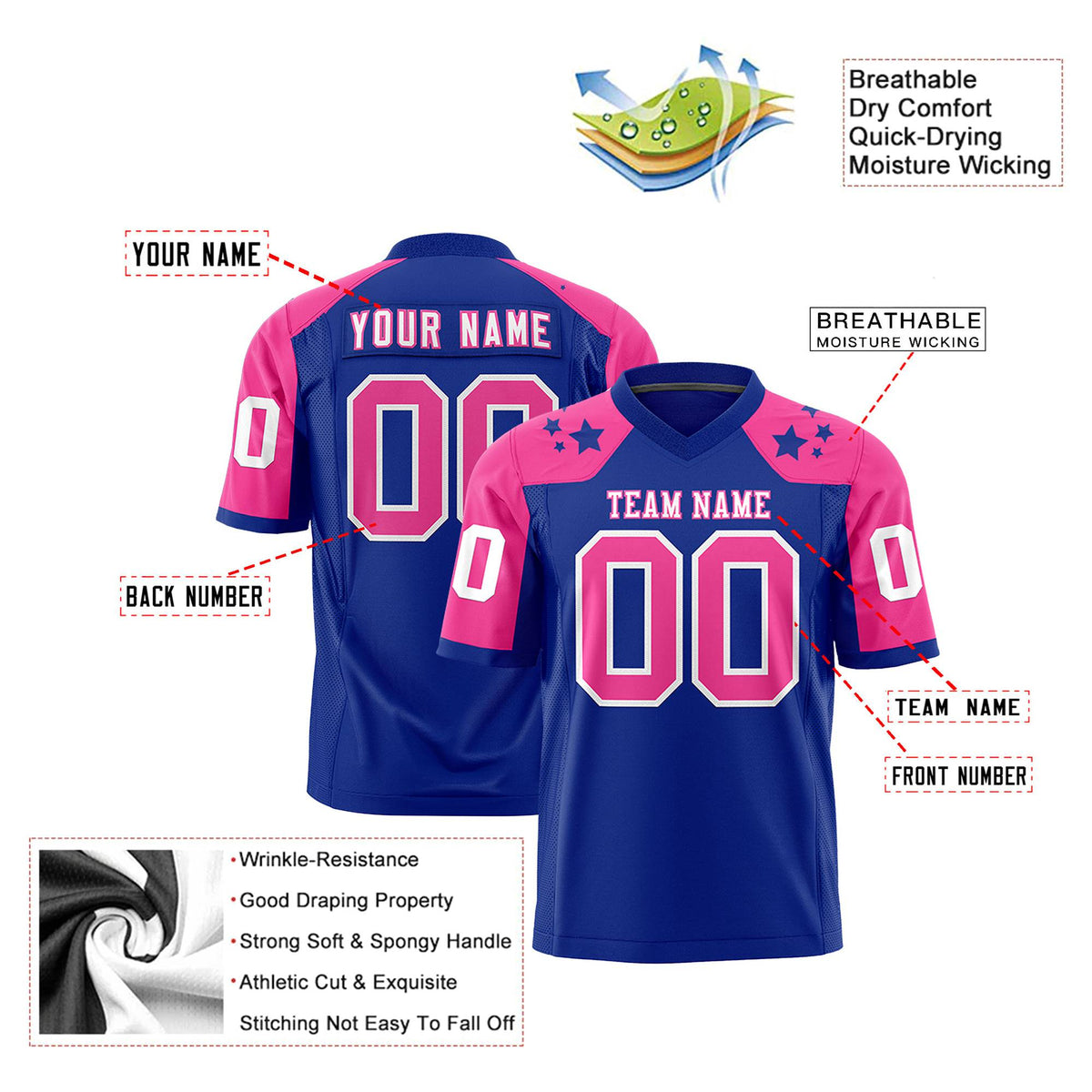 Custom Royal Blue Pink Personalized Shoulder Star Pattern Authentic Football Jersey