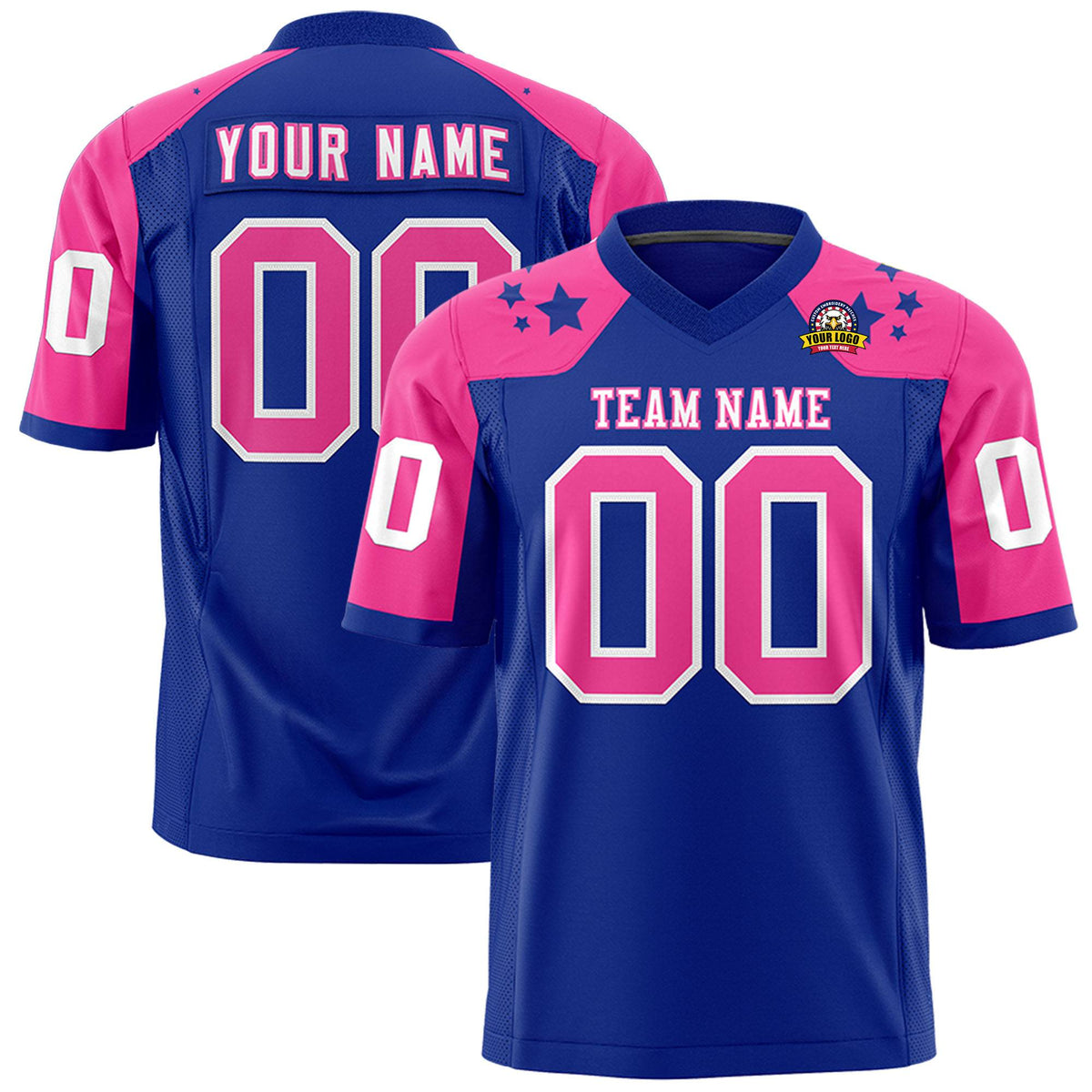 Custom Royal Blue Pink Personalized Shoulder Star Pattern Authentic Football Jersey