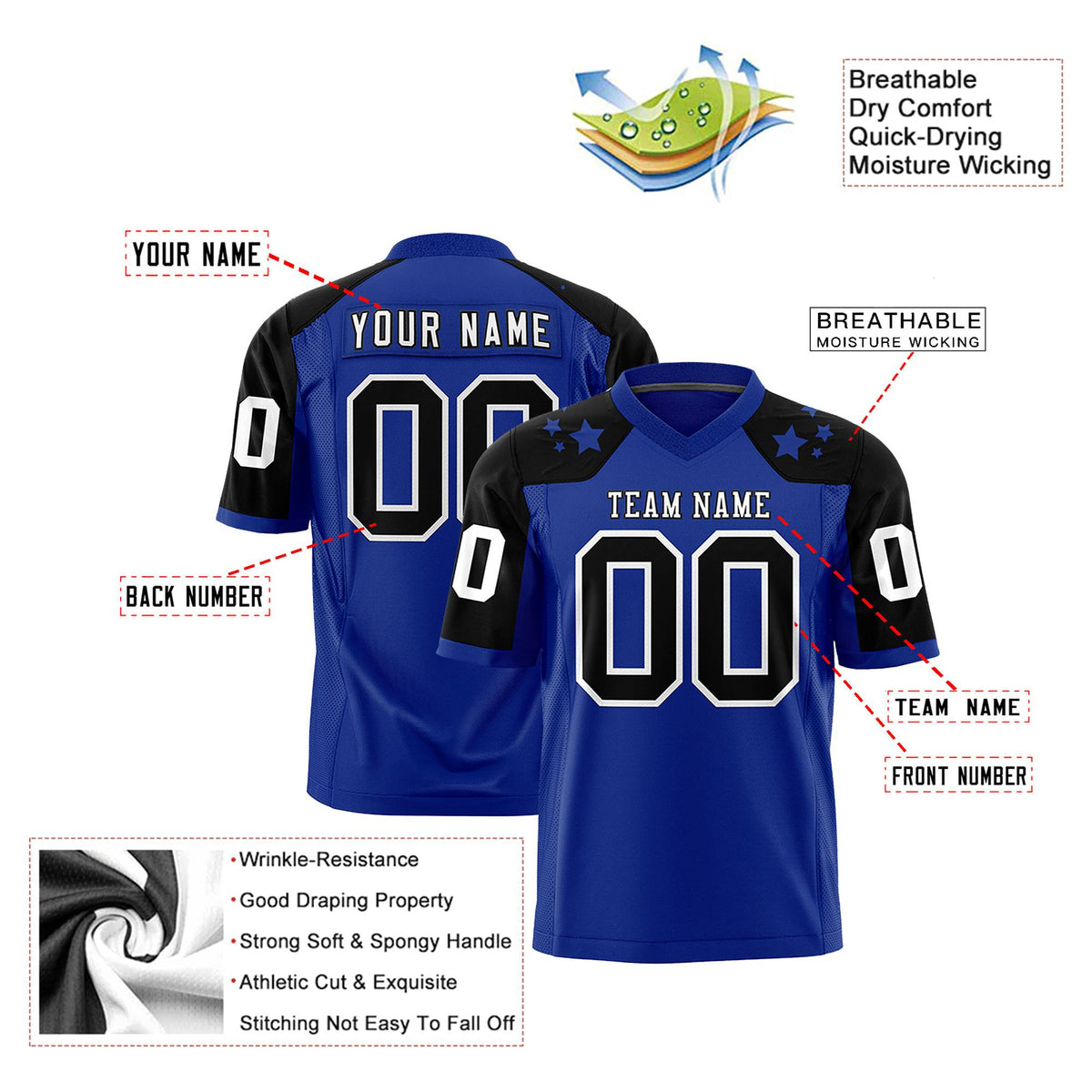 Custom Royal Blue Black Personalized Shoulder Star Pattern Authentic Football Jersey