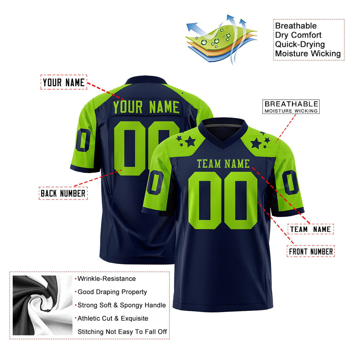 Custom Navy Neon Green Personalized Shoulder Star Pattern Authentic Football Jersey