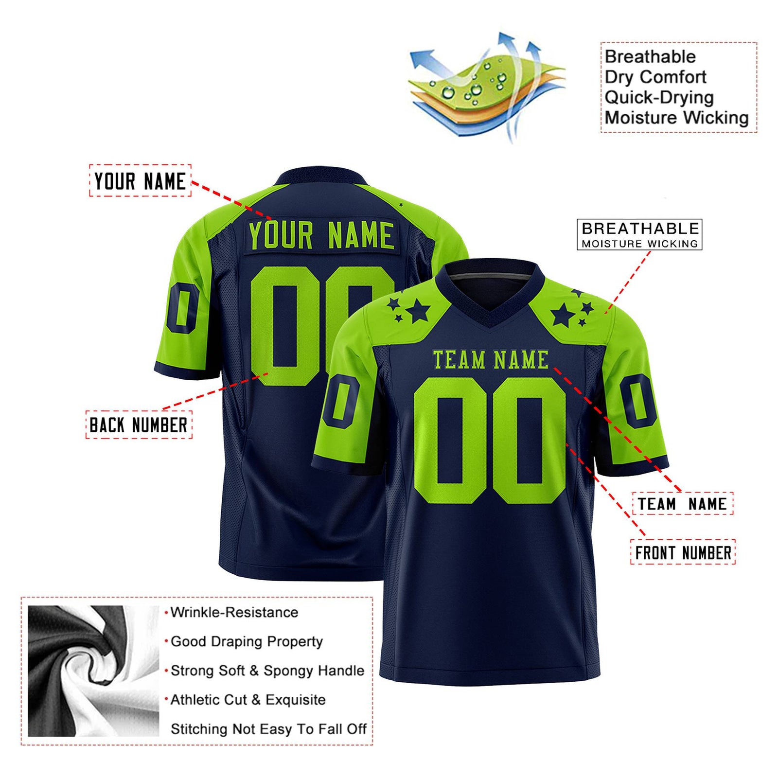 Custom Navy Neon Green Personalized Shoulder Star Pattern Authentic Football Jersey