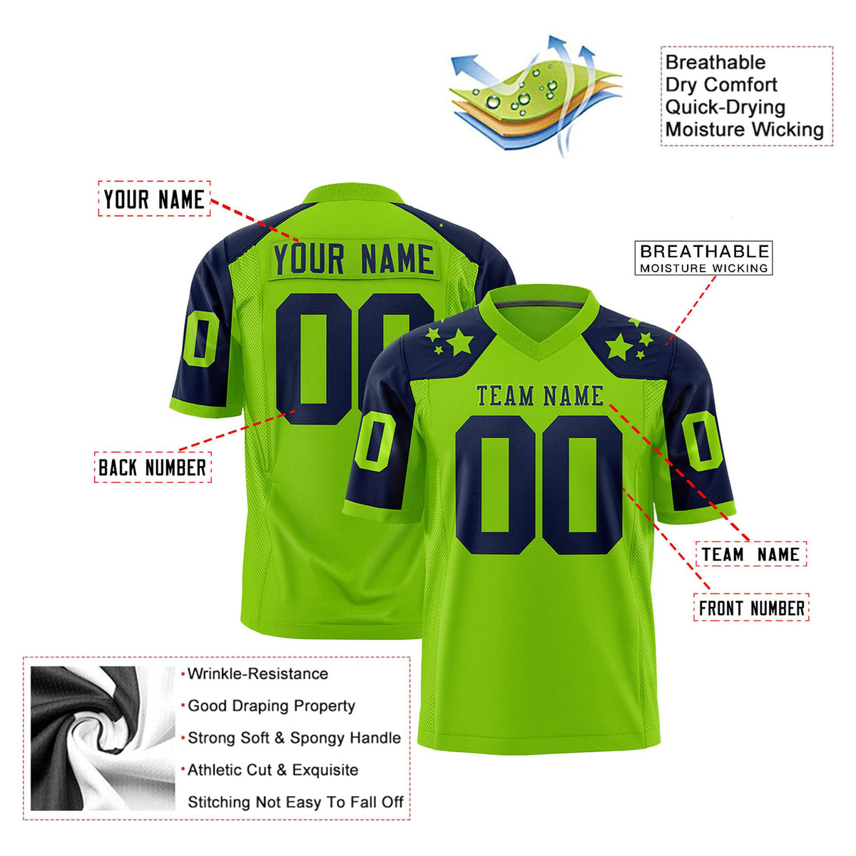 Custom Neon Green Navy Personalized Shoulder Star Pattern Authentic Football Jersey