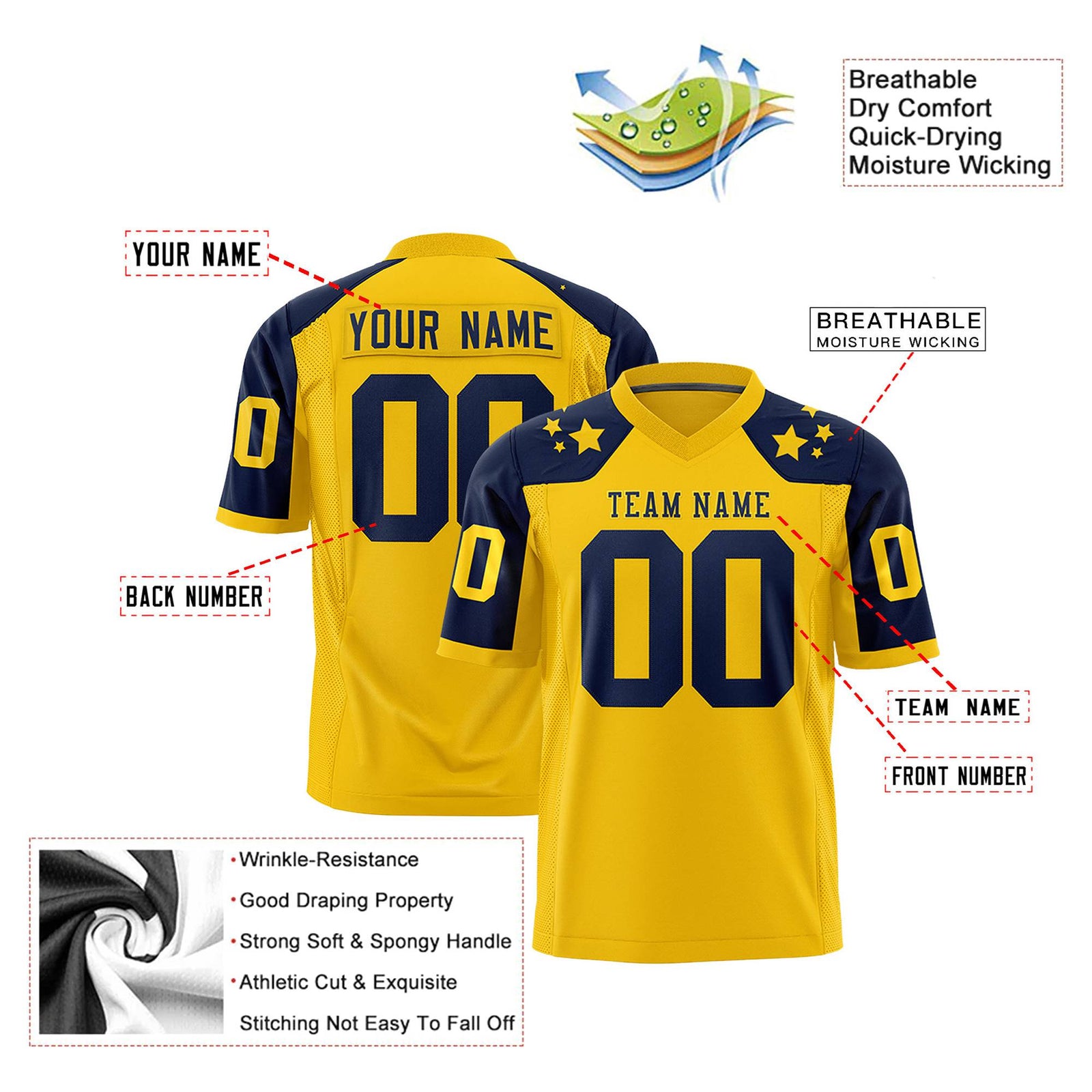 Custom Gold Navy Personalized Shoulder Star Pattern Authentic Football Jersey