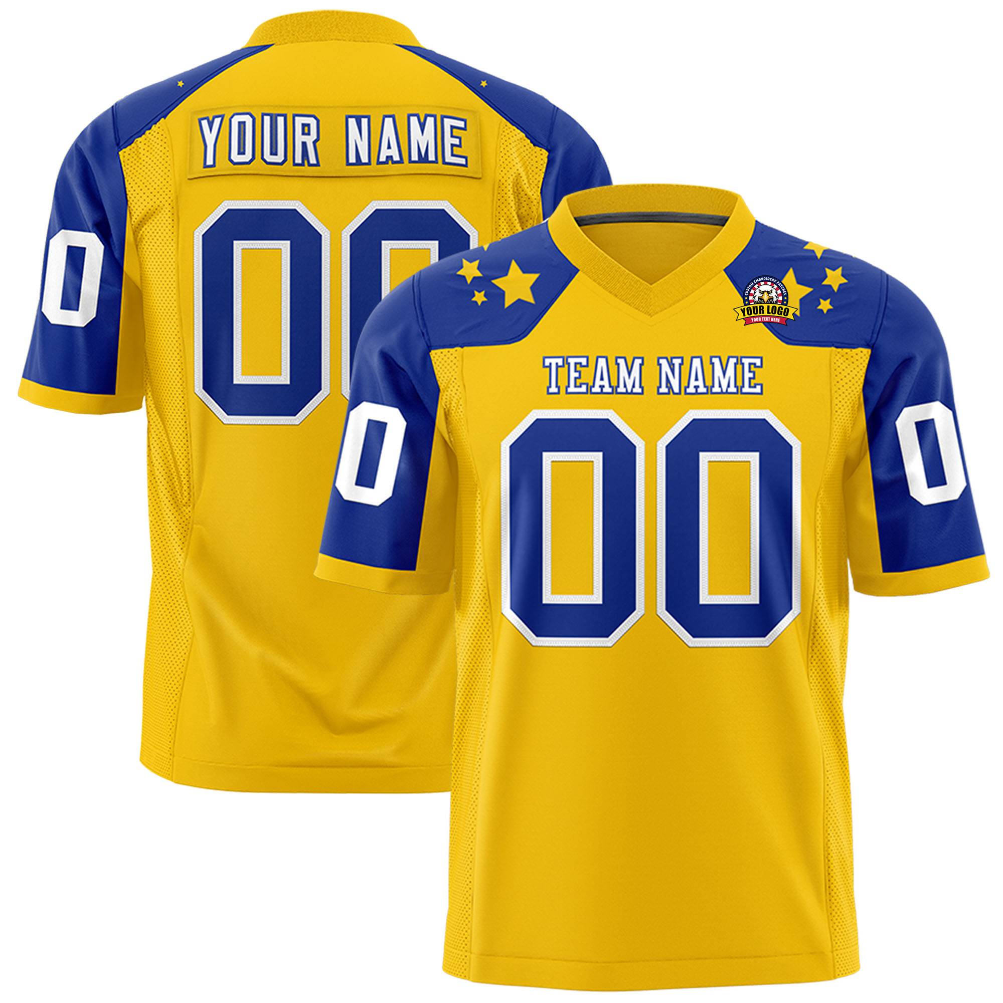 Custom Gold Royal Blue Personalized Shoulder Star Pattern Authentic Football Jersey