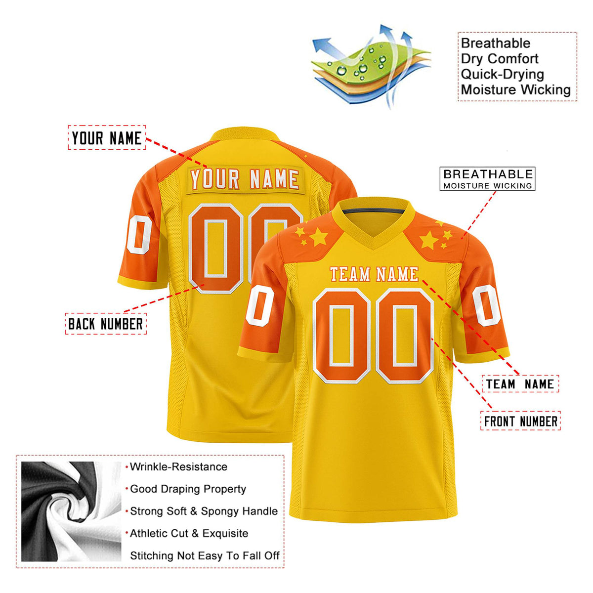 Custom Gold Orange Personalized Shoulder Star Pattern Authentic Football Jersey