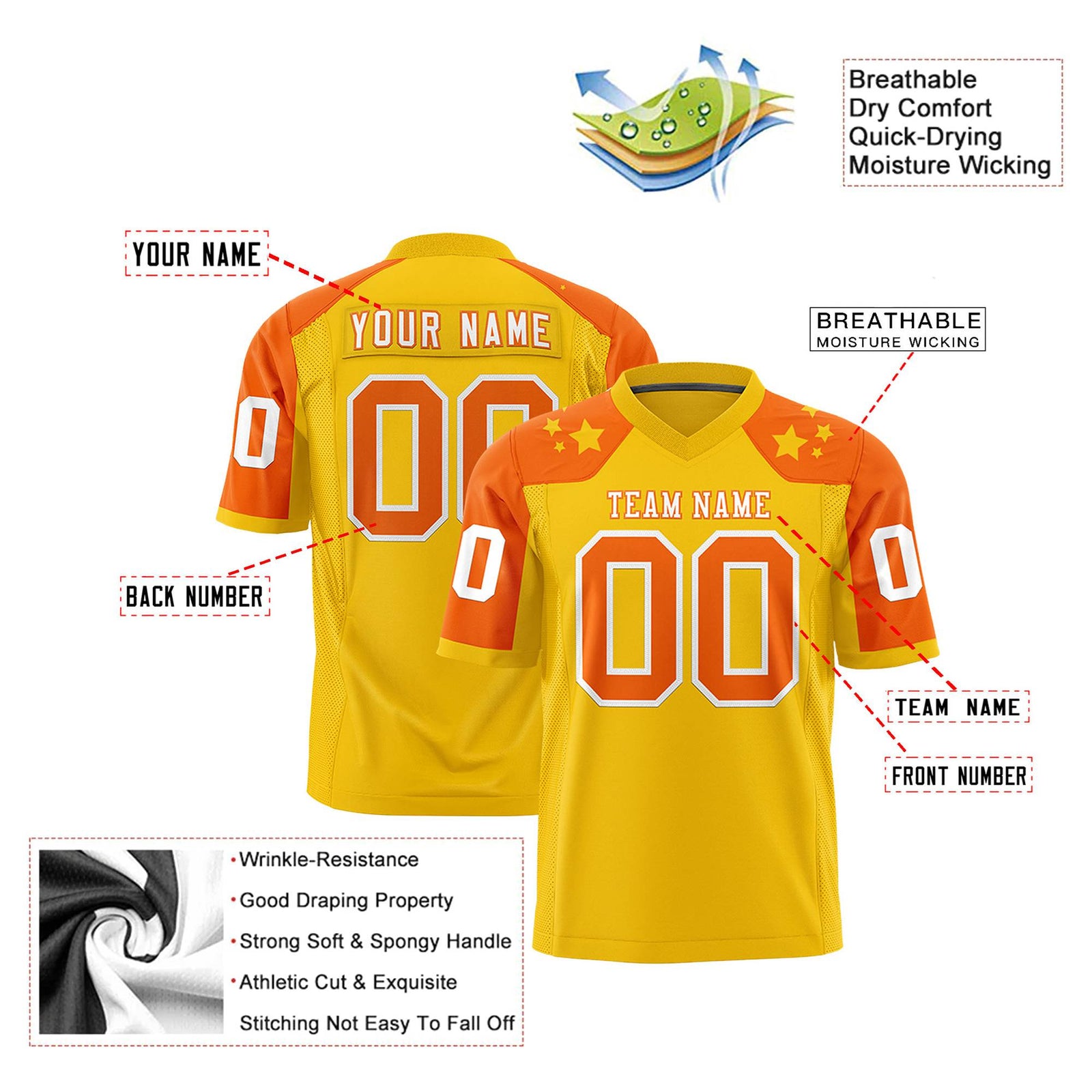 Custom Gold Orange Personalized Shoulder Star Pattern Authentic Football Jersey