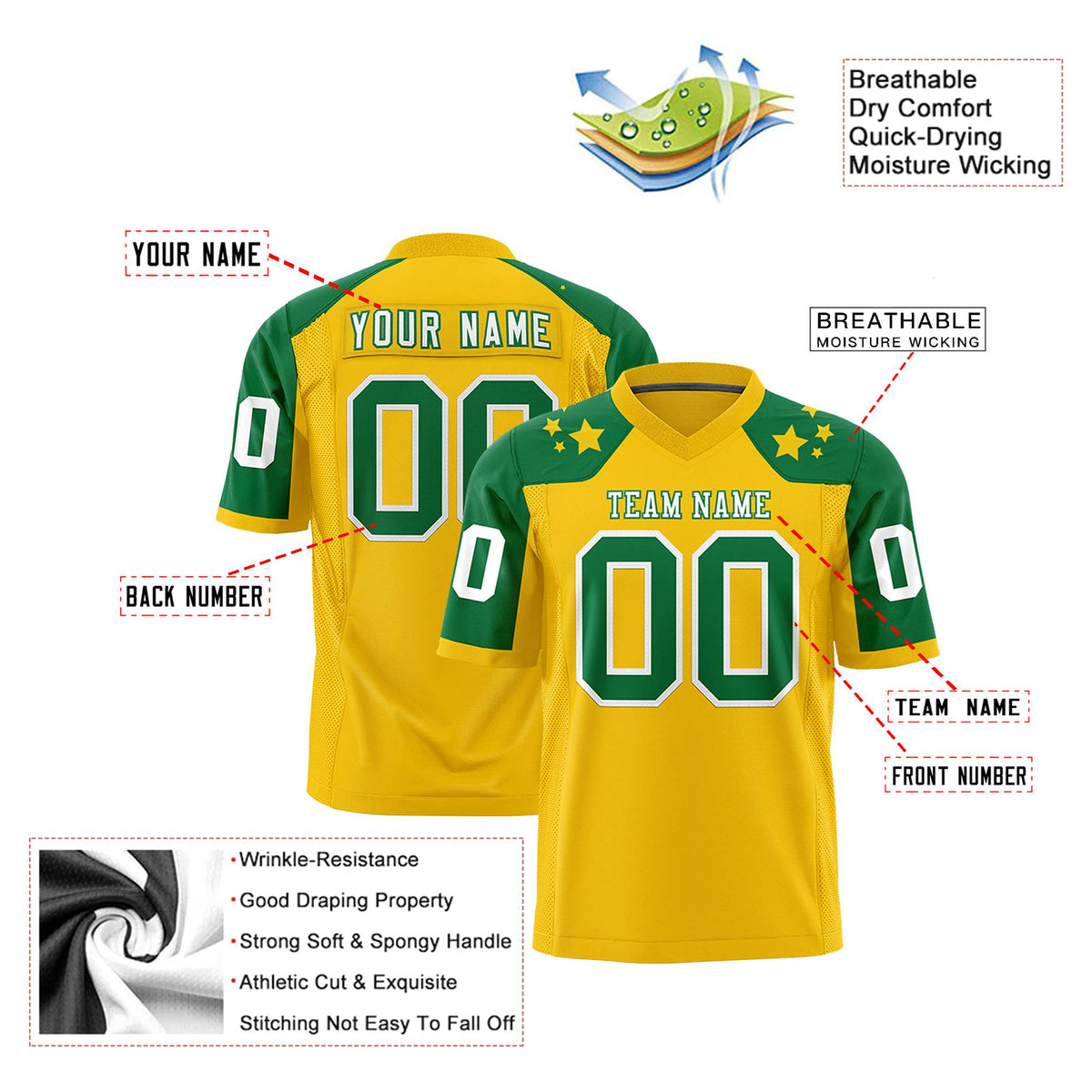 Custom Gold Kelly Green Personalized Shoulder Star Pattern Authentic Football Jersey