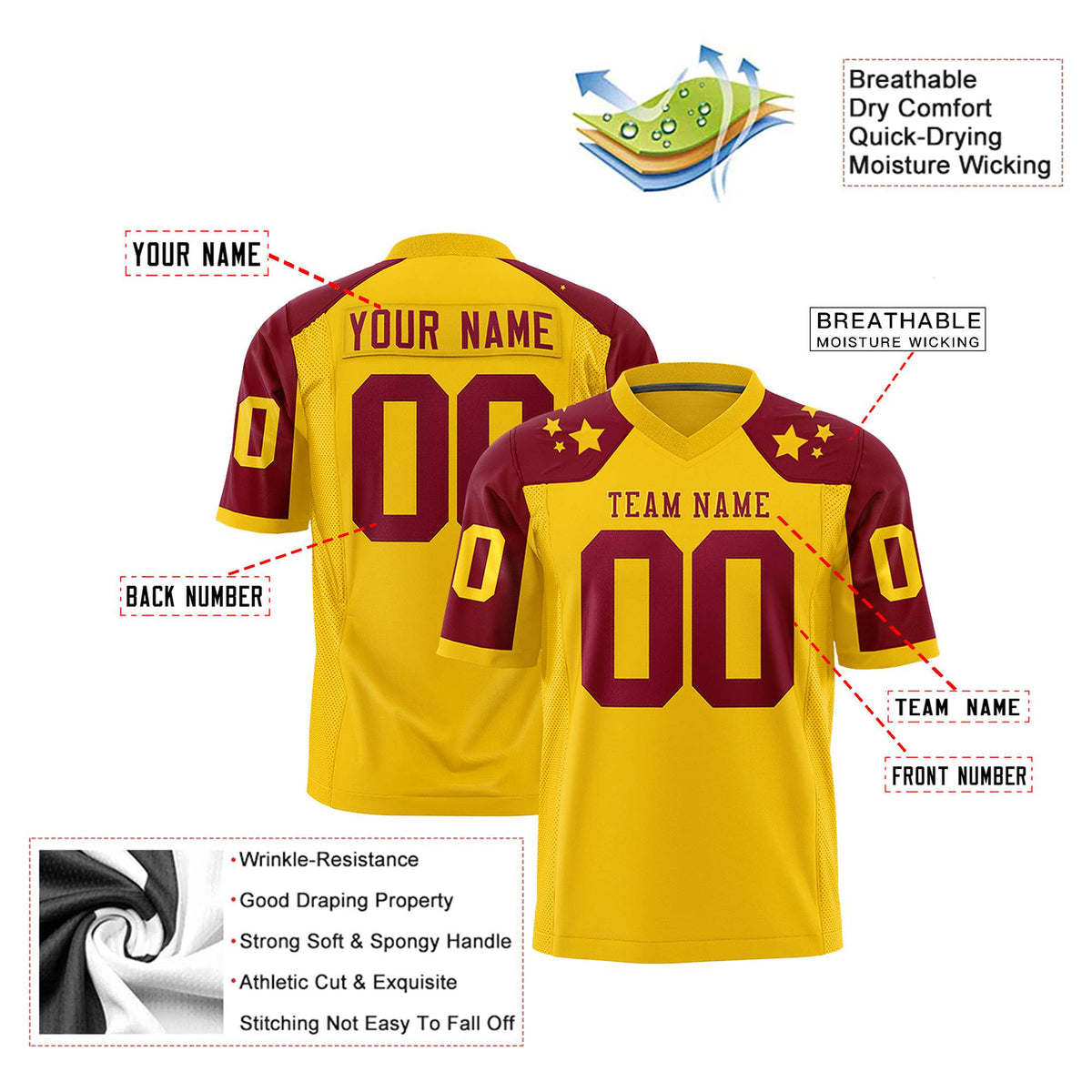 Custom Gold Crimson Personalized Shoulder Star Pattern Authentic Football Jersey
