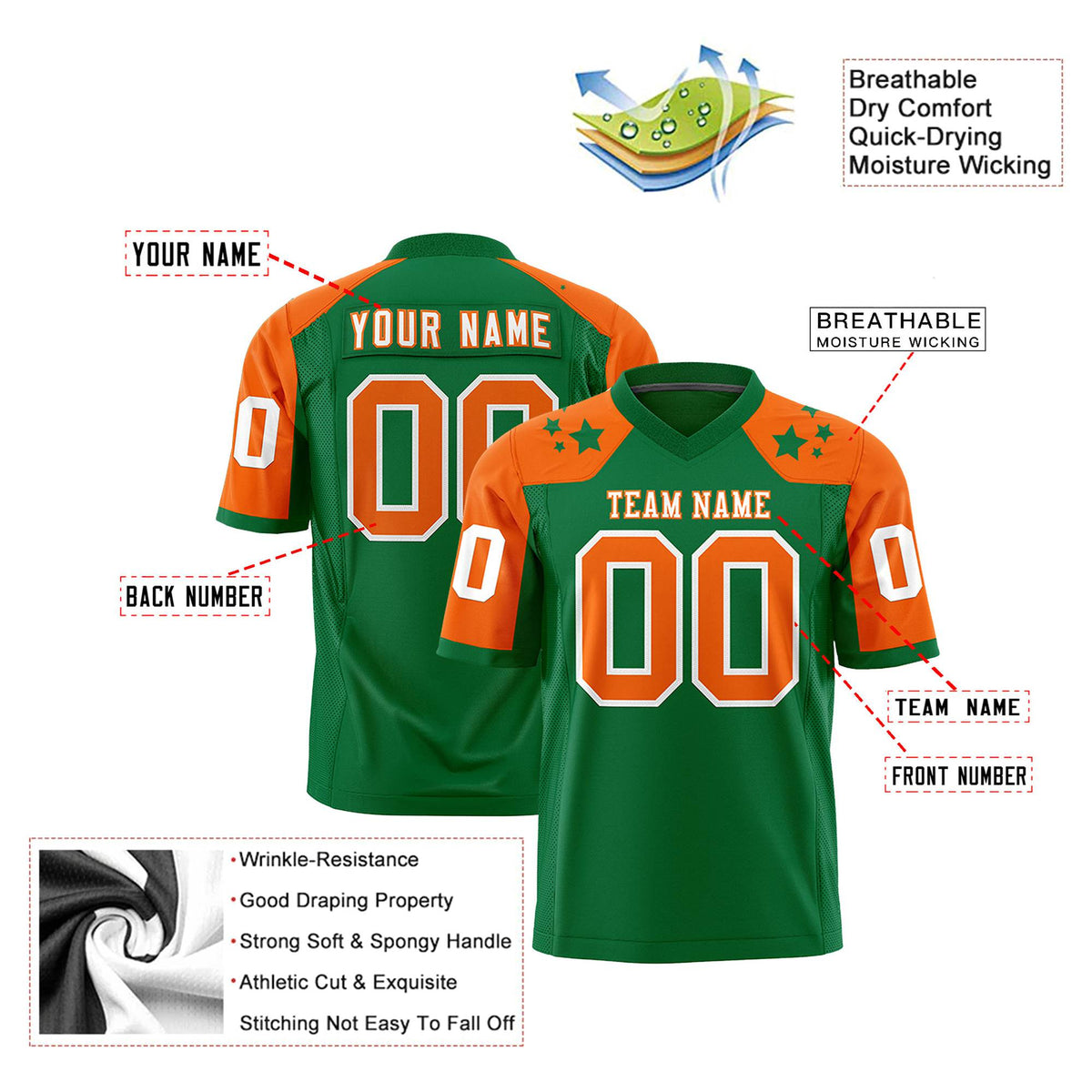 Custom Kelly Green Orange Personalized Shoulder Star Pattern Authentic Football Jersey