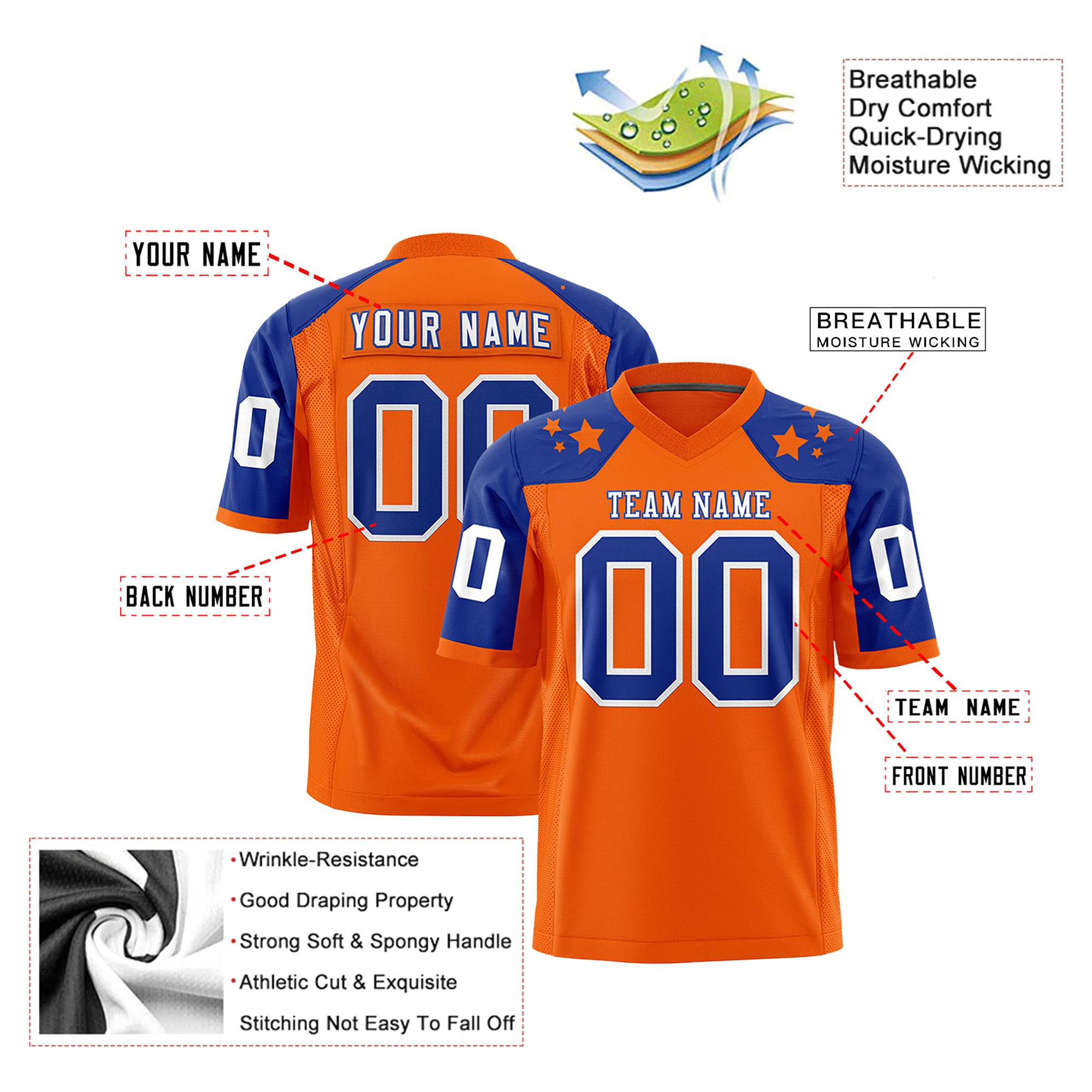 Custom Orange Royal Blue Personalized Shoulder Star Pattern Authentic Football Jersey