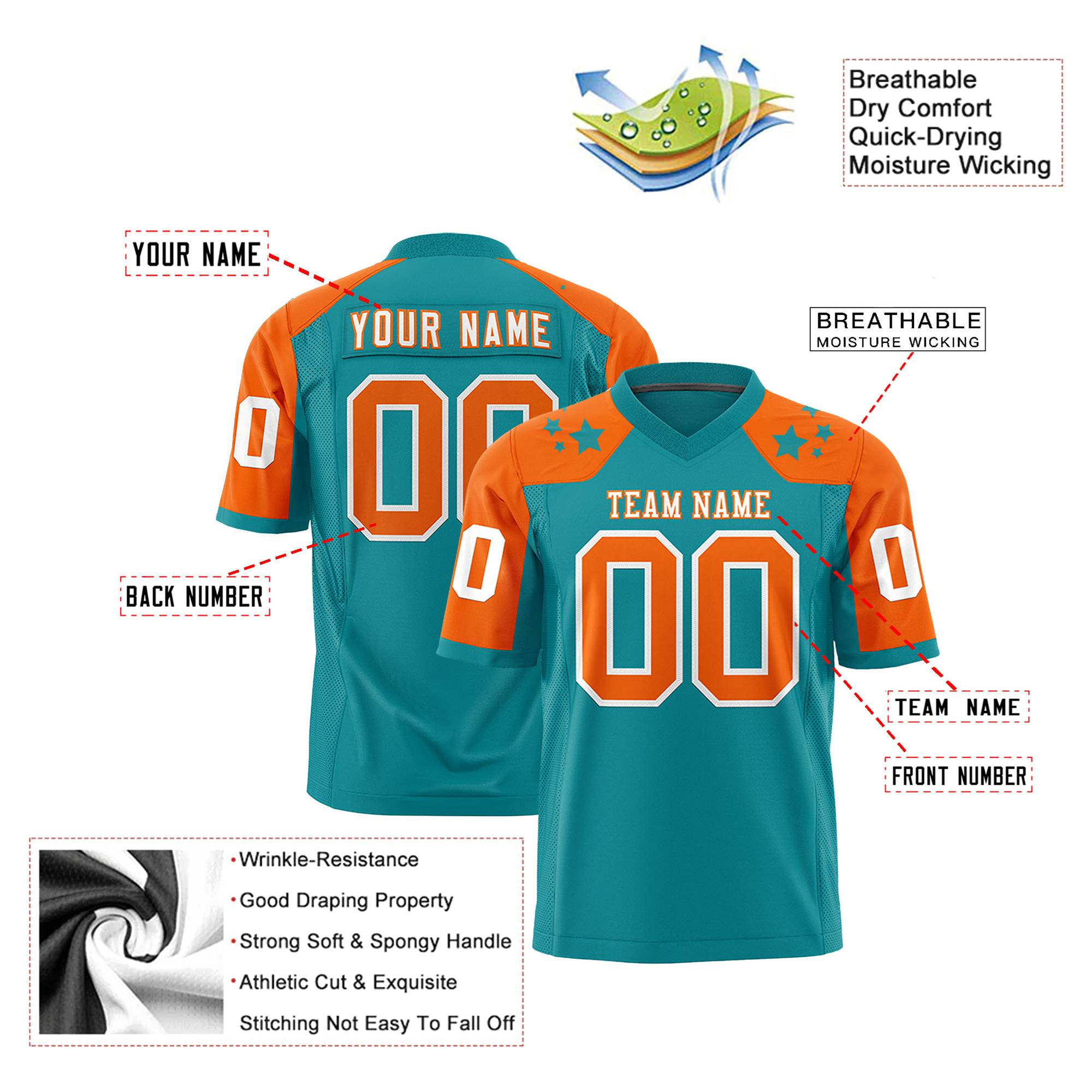 Custom Aqua Orange Personalized Shoulder Star Pattern Authentic Football Jersey