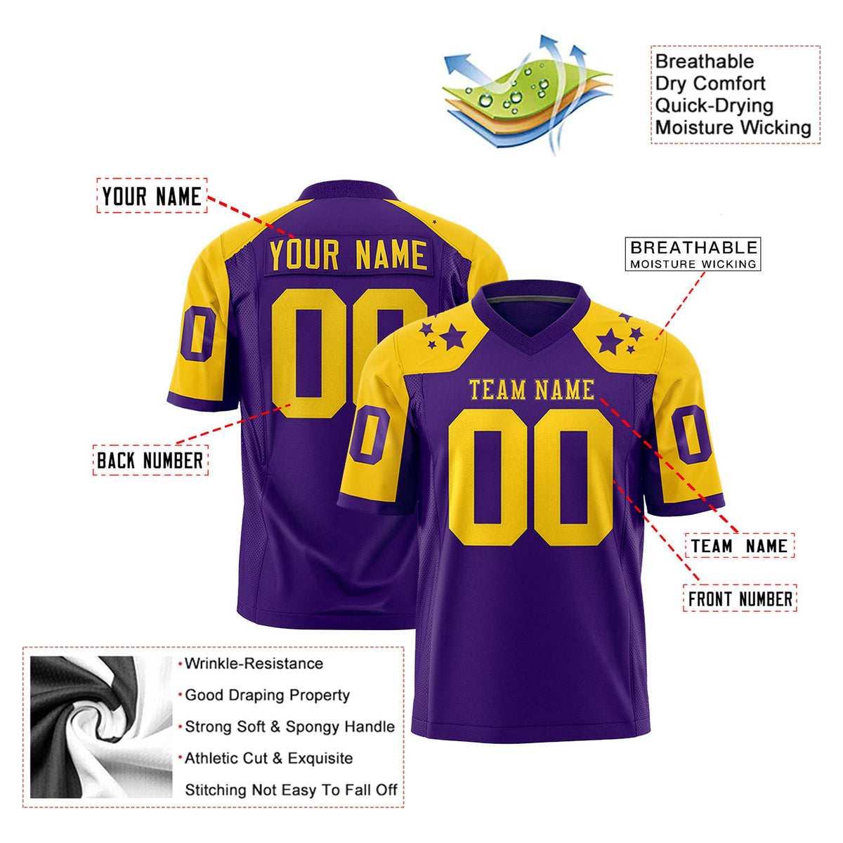 Custom Purple Gold Personalized Shoulder Star Pattern Authentic Football Jersey