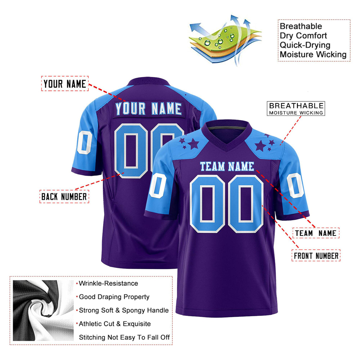 Custom Purple Powder Blue Personalized Shoulder Star Pattern Authentic Football Jersey