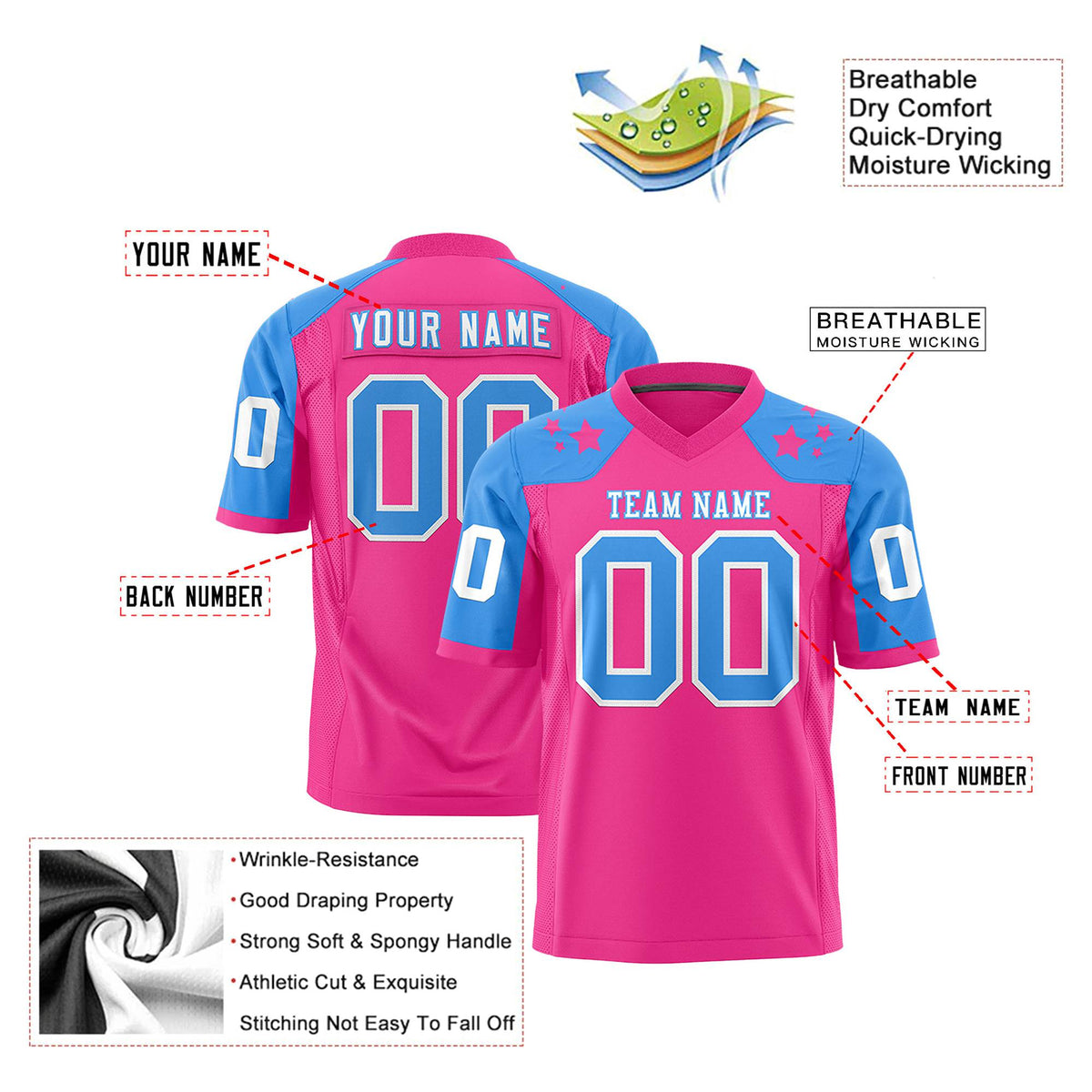 Custom Pink Powder Blue Personalized Shoulder Star Pattern Authentic Football Jersey
