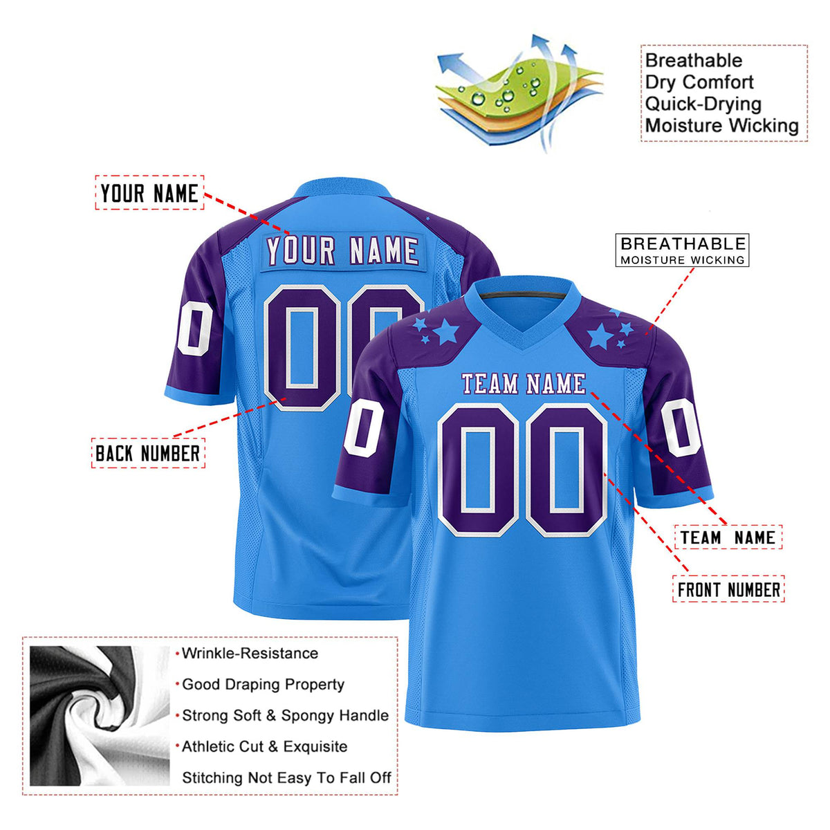Custom Powder Blue Purple Personalized Shoulder Star Pattern Authentic Football Jersey