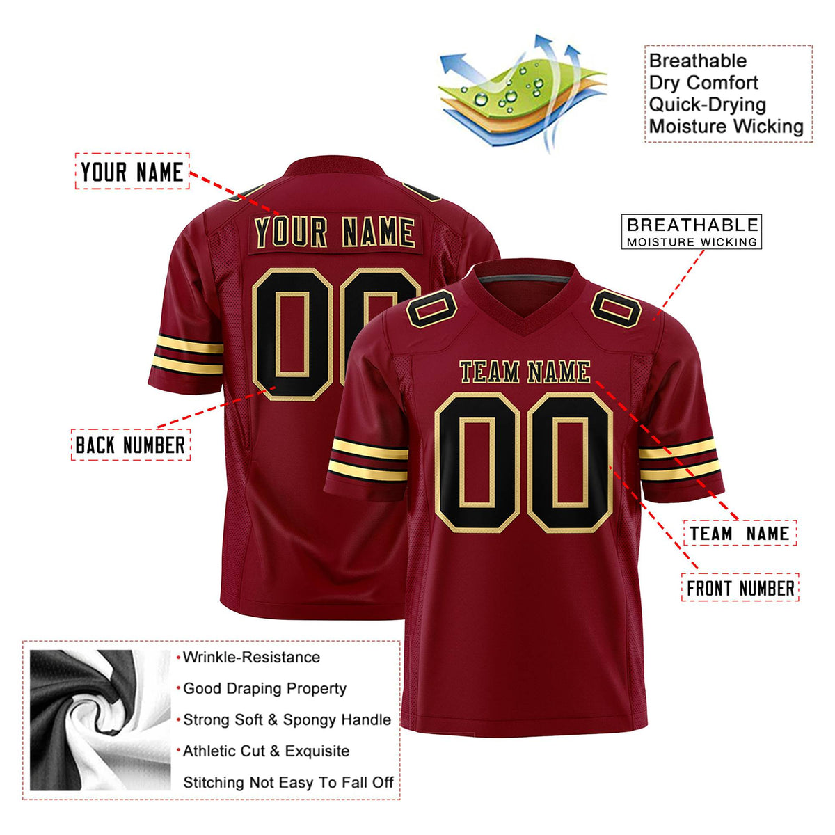 Custom Crimson Black-Khaki Mesh Authentic Football Jersey