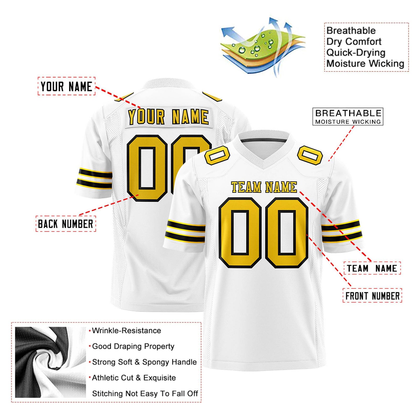 Custom White Yellow-Black Mesh Authentic Football Jersey