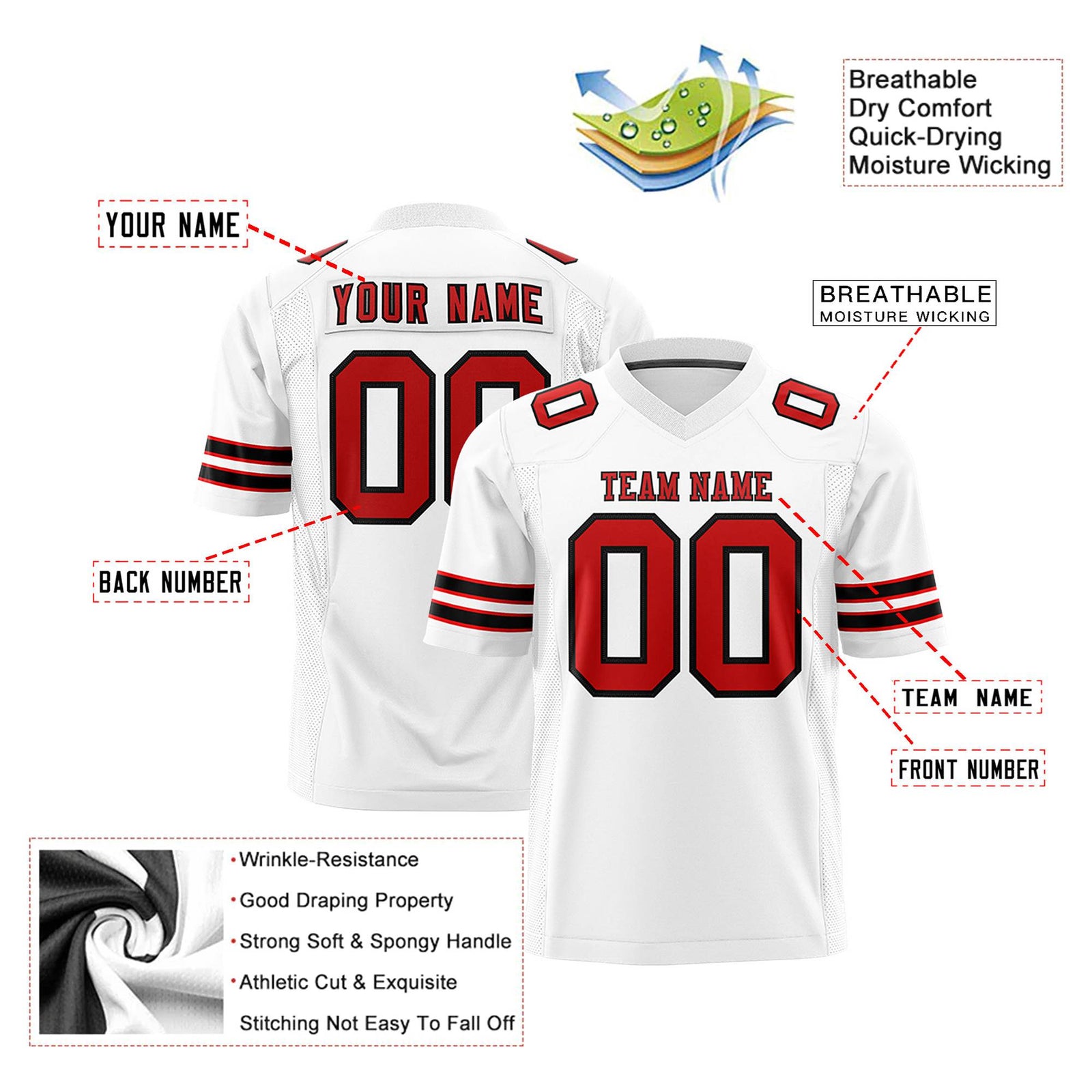 Custom White Red-Black Mesh Authentic Football Jersey