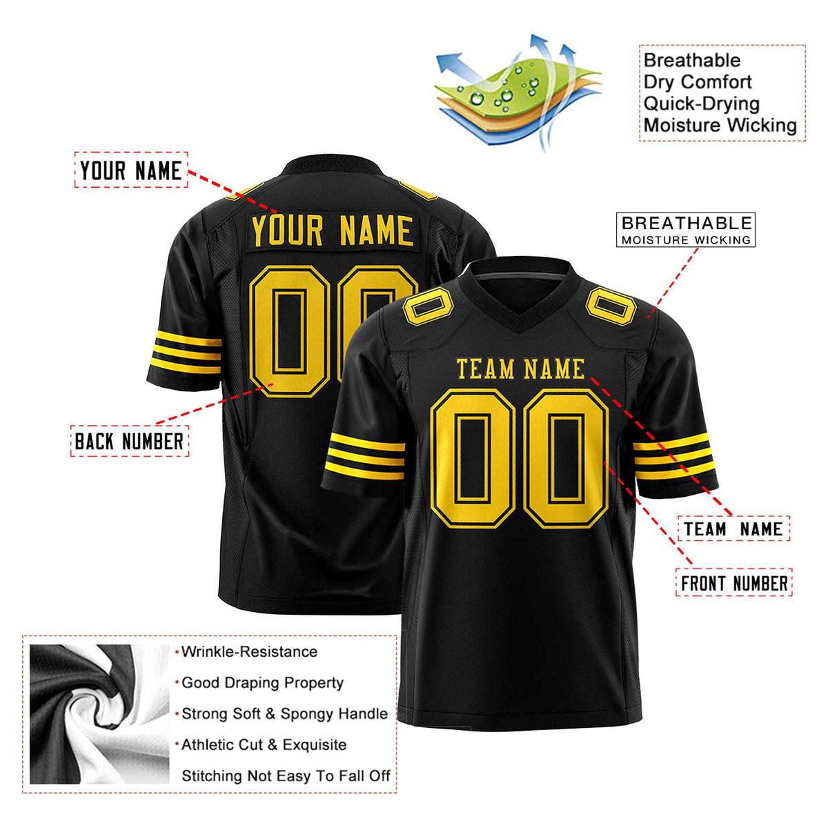 Custom Black Gold Mesh Authentic Football Jersey