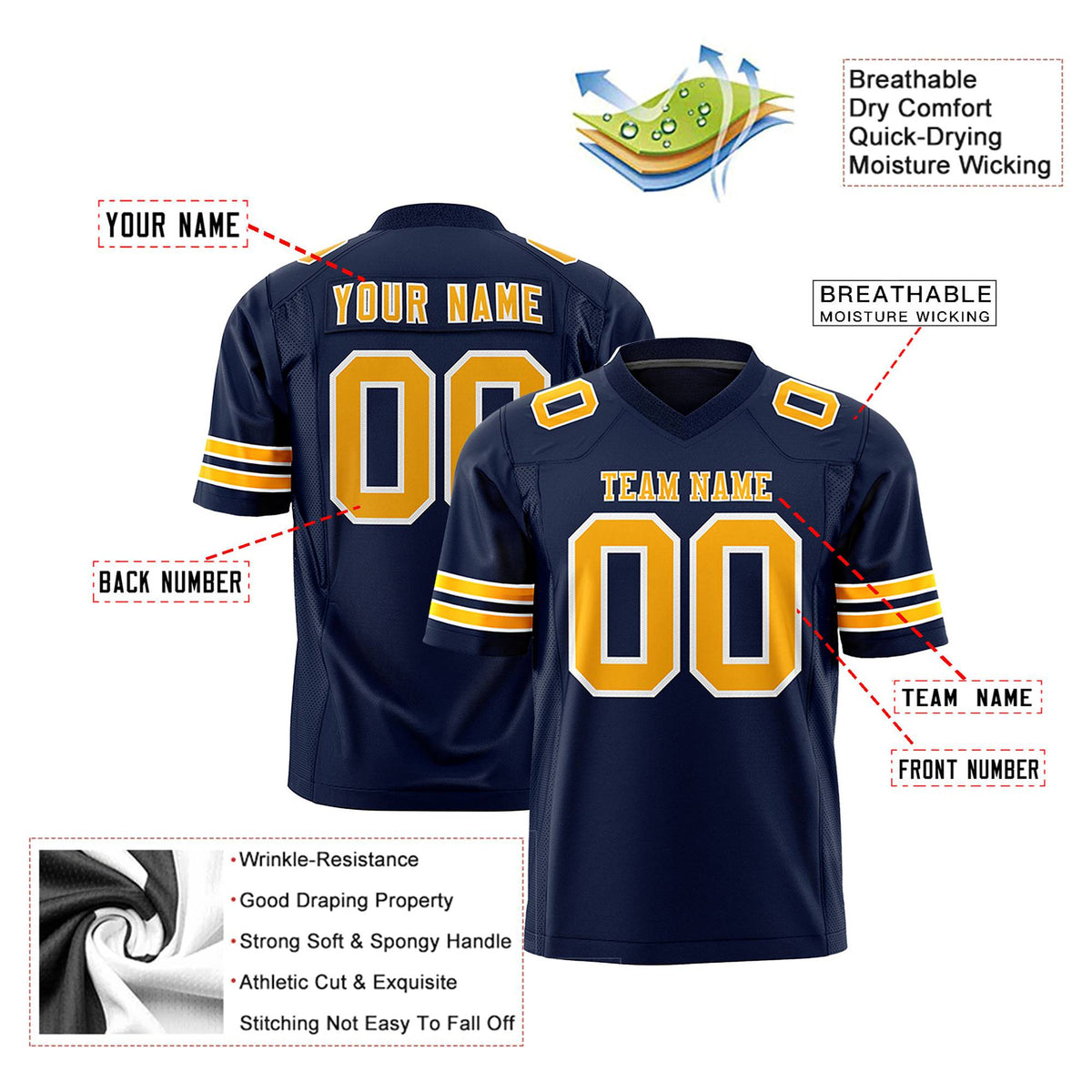 Custom Navy Yellow-White Mesh Authentic Football Jersey