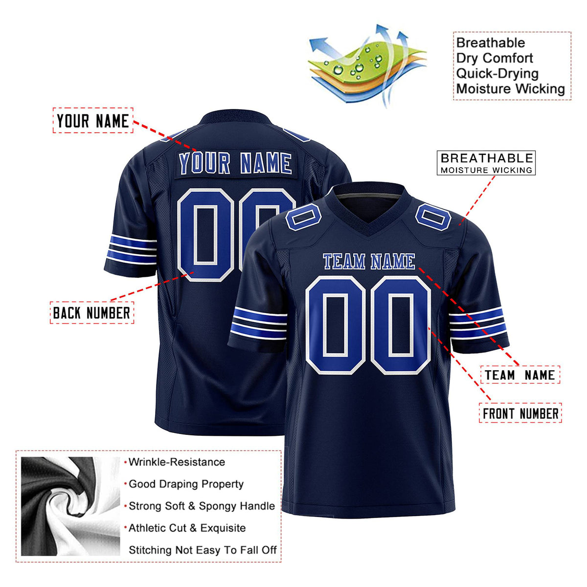 Custom Navy-Royal Blue-White Mesh Authentic Football Jersey
