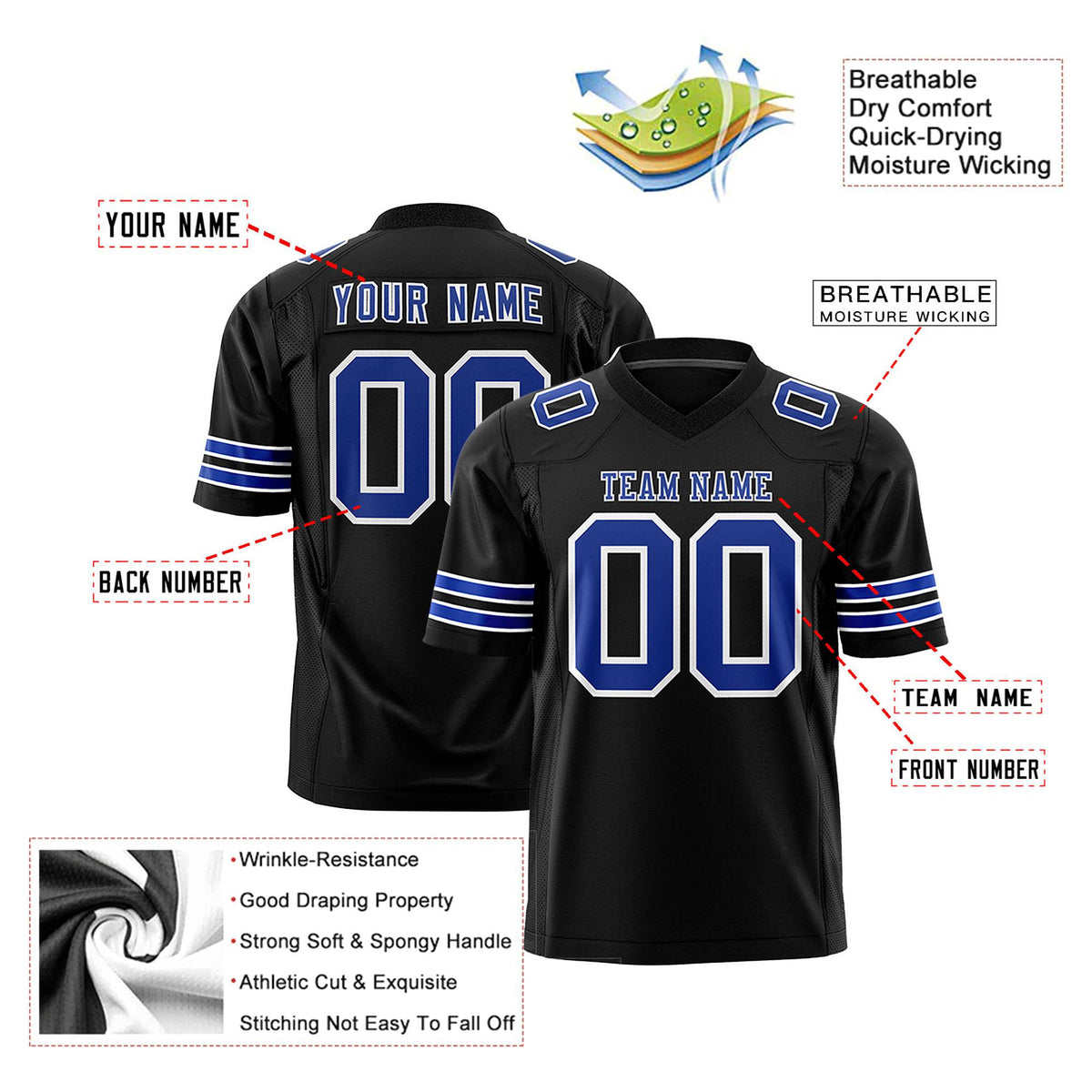 Custom Black-Royal Blue-White Mesh Authentic Football Jersey