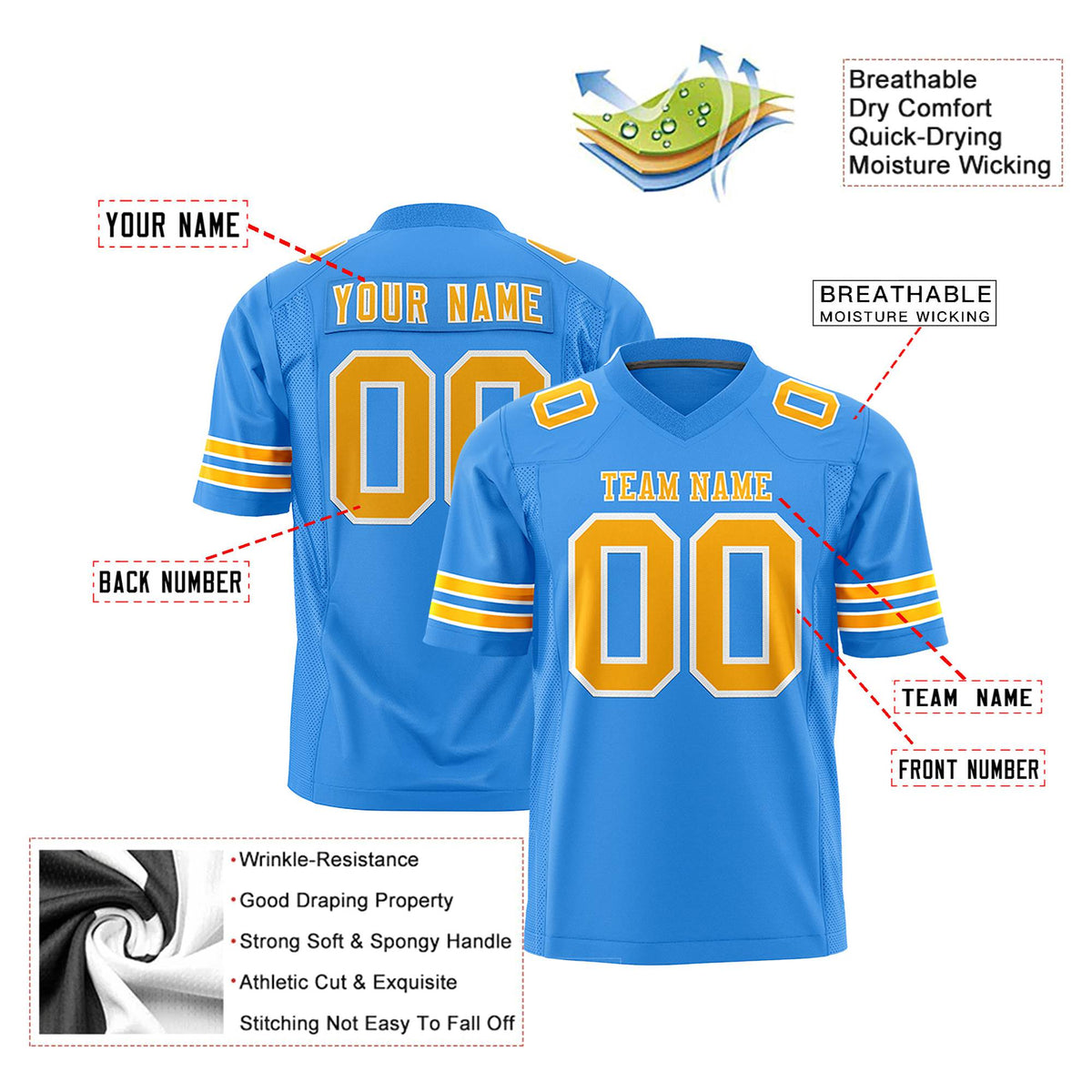 Custom Powder Blue Yellow-White Mesh Authentic Football Jersey