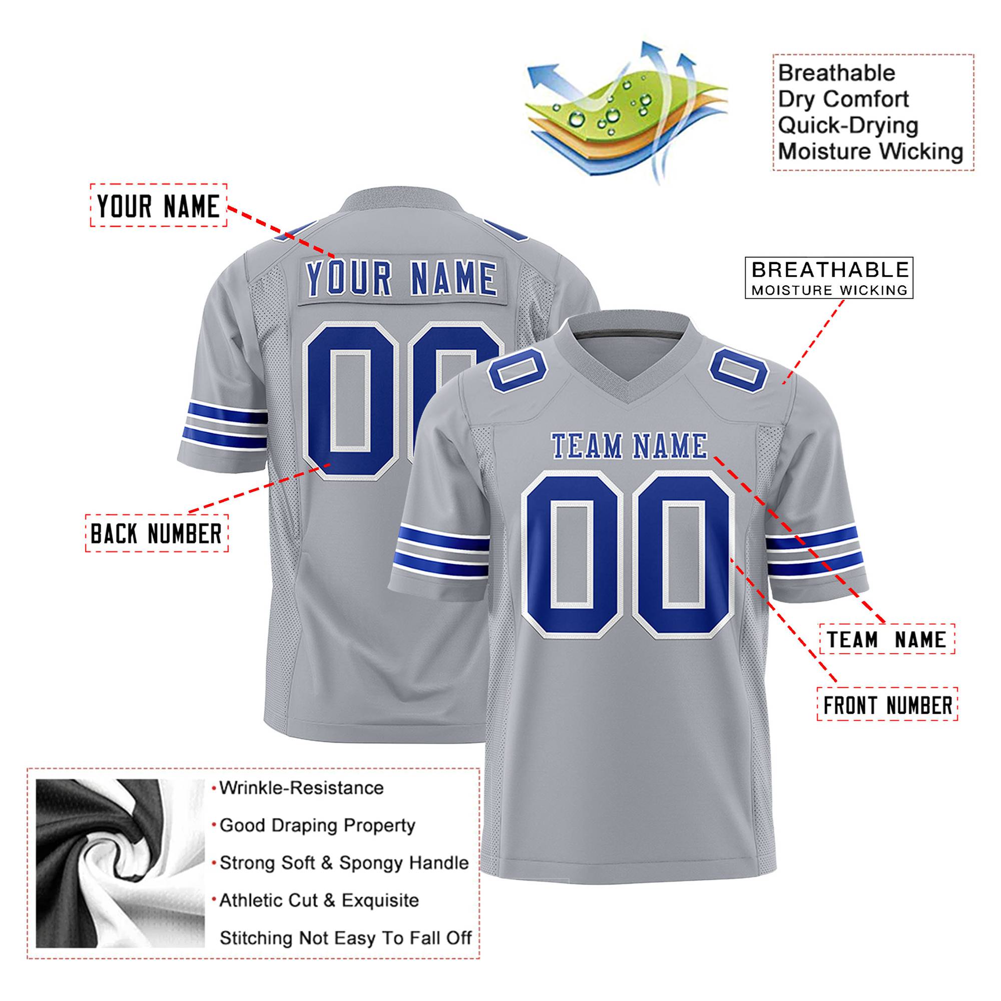 Custom Gray-Royal Blue-White Mesh Authentic Football Jersey