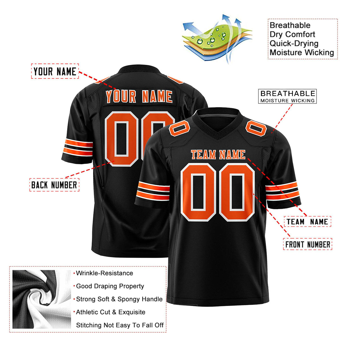 Custom Black Orange-White Mesh Authentic Football Jersey