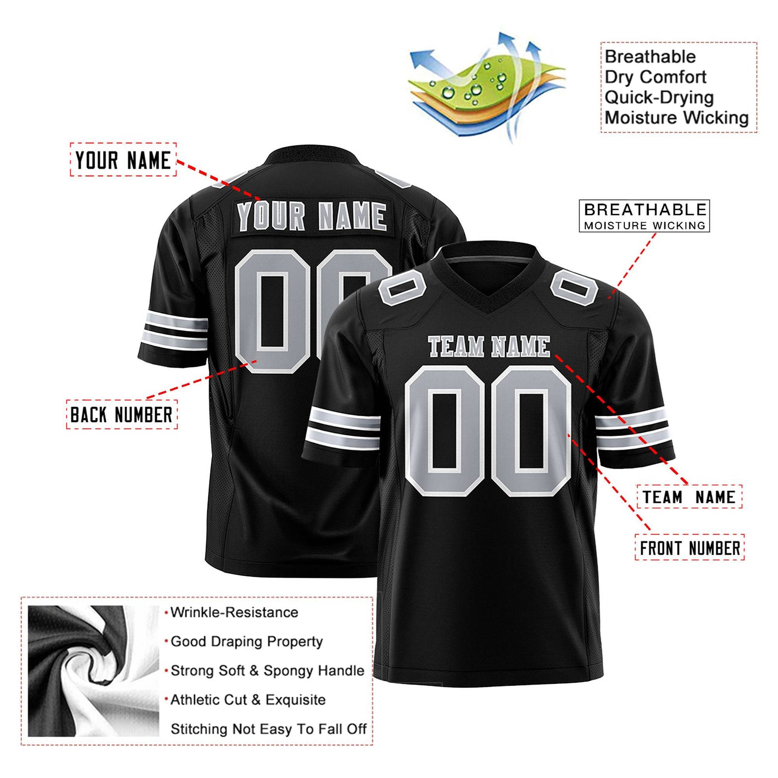 Custom Black Gray-White Mesh Authentic Football Jersey