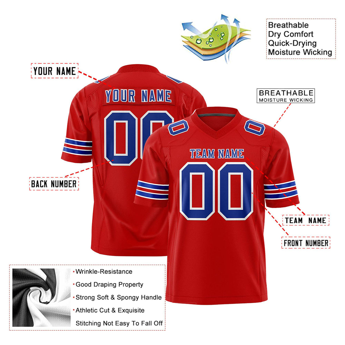 Custom Red Royal-Blue White Mesh Authentic Football Jersey