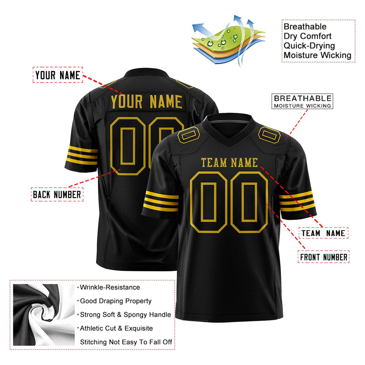 Custom Black Gold Mesh Authentic Football Jersey