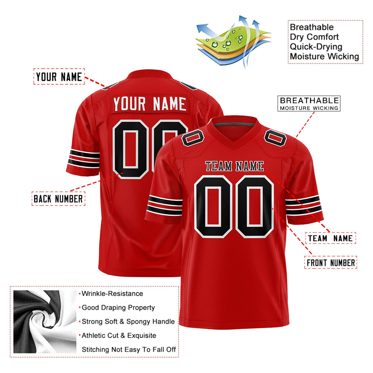 Custom Red Black-White Mesh Authentic Football Jersey