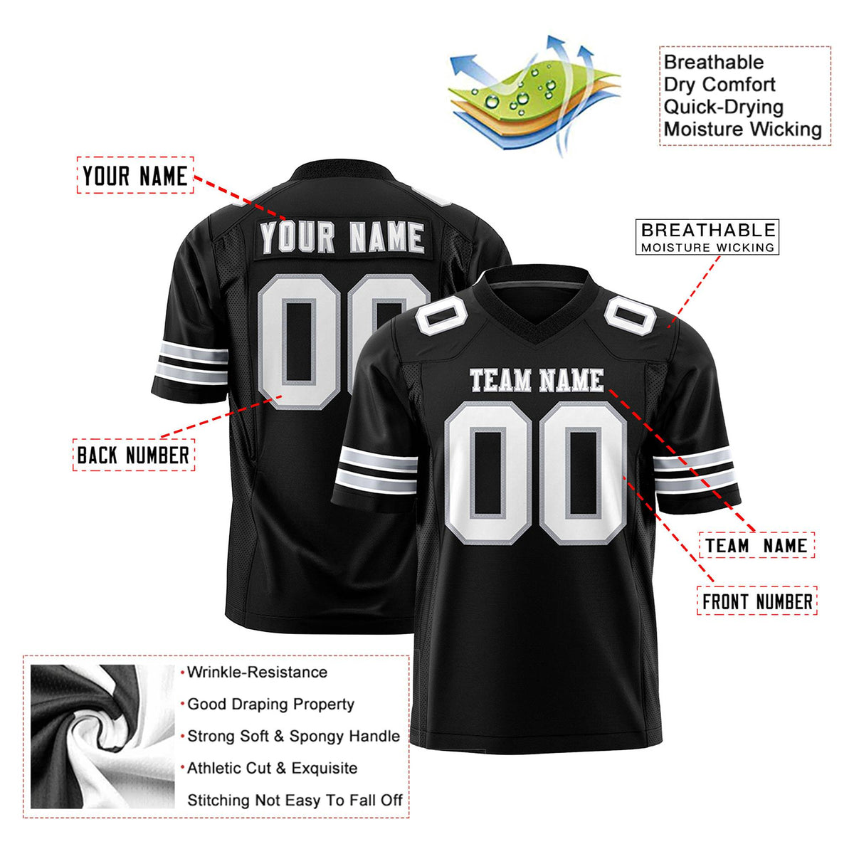 Custom Black White-Gray Mesh Authentic Football Jersey
