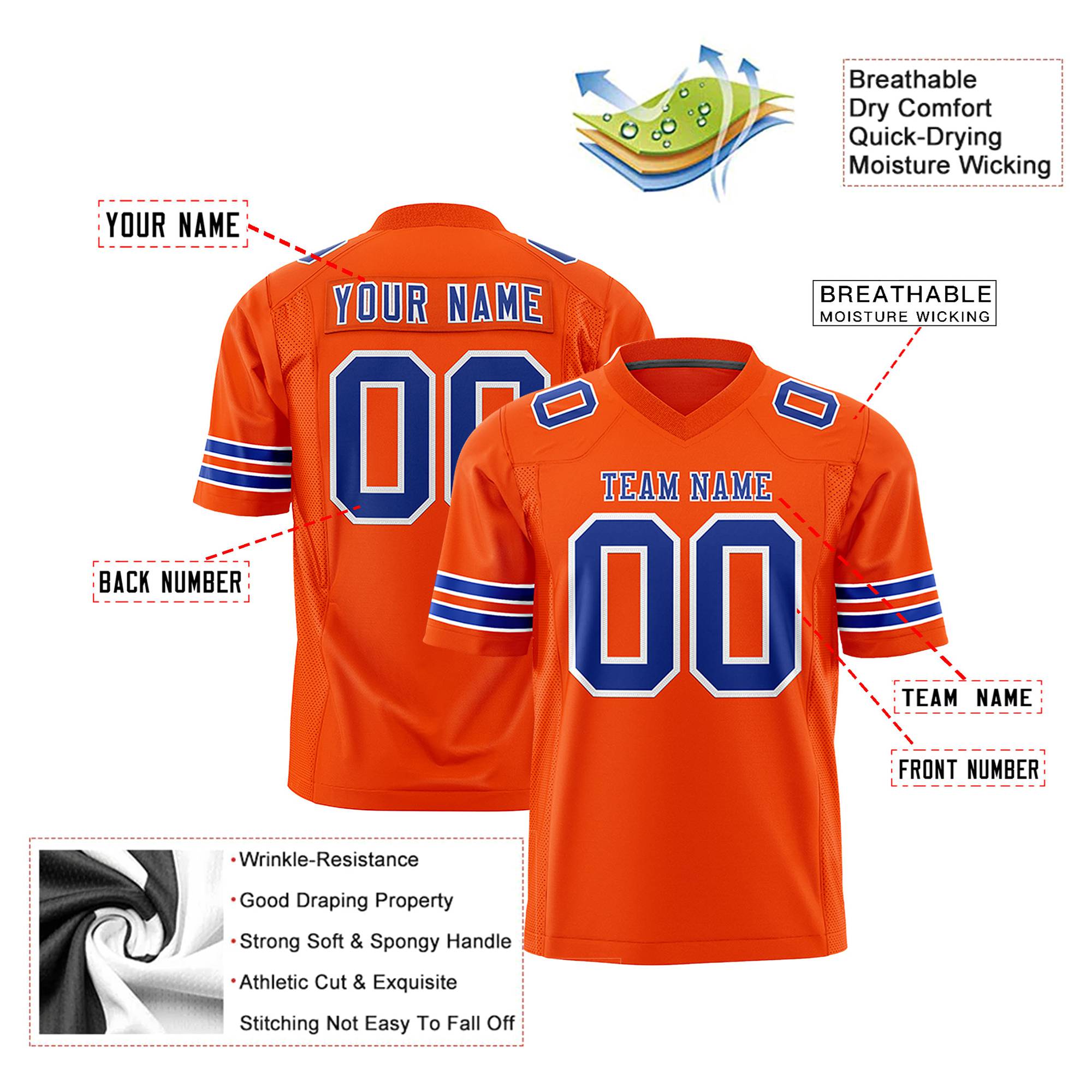 Custom Orange Royal Blue-White Mesh Authentic Football Jersey