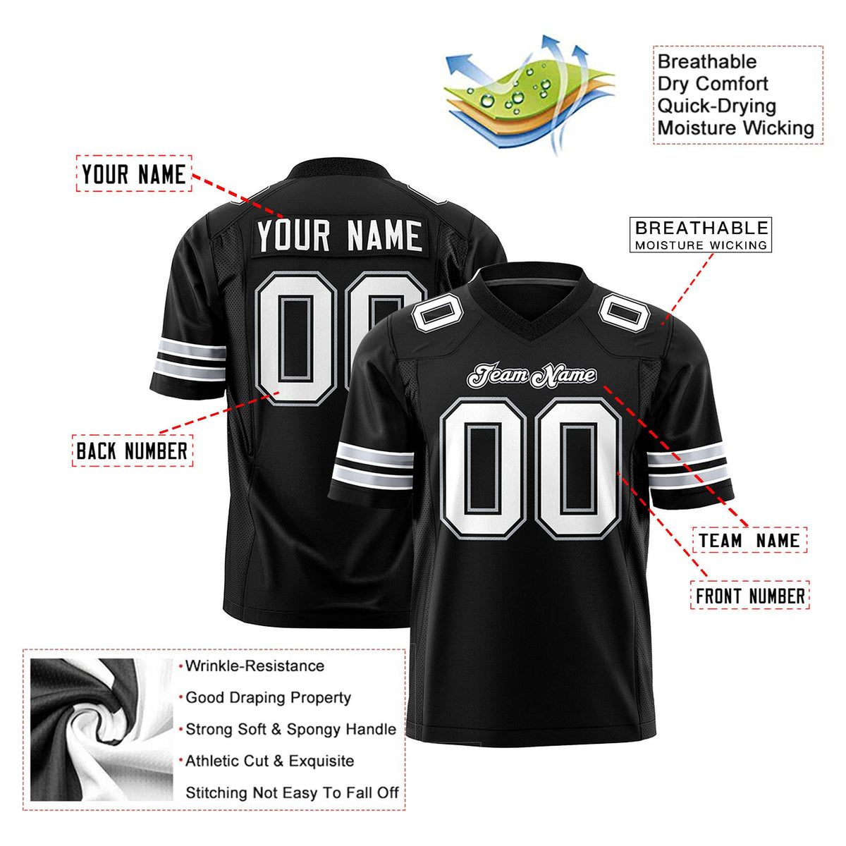 Custom Black Gray-White Mesh Authentic Football Jersey