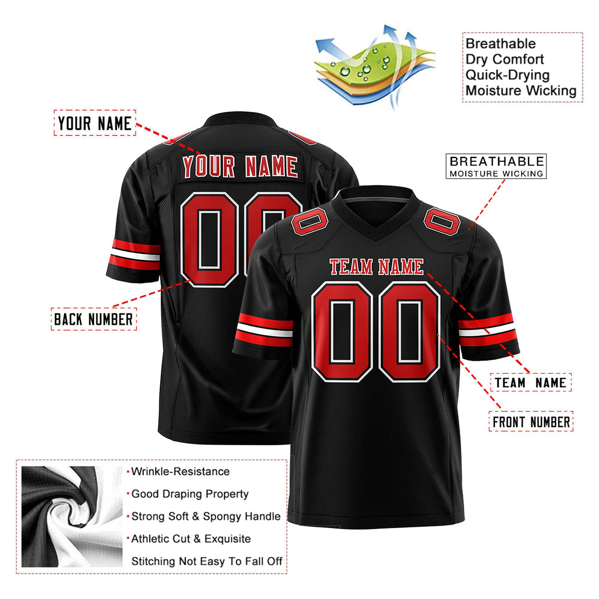 Custom Black Red-White Mesh Authentic Football Jersey