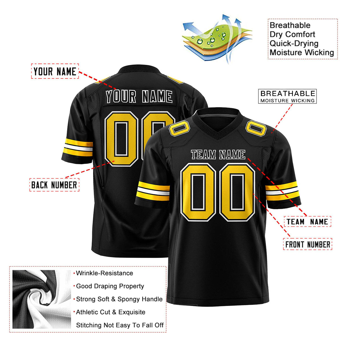 Custom Black Gold-White Mesh Authentic Football Jersey