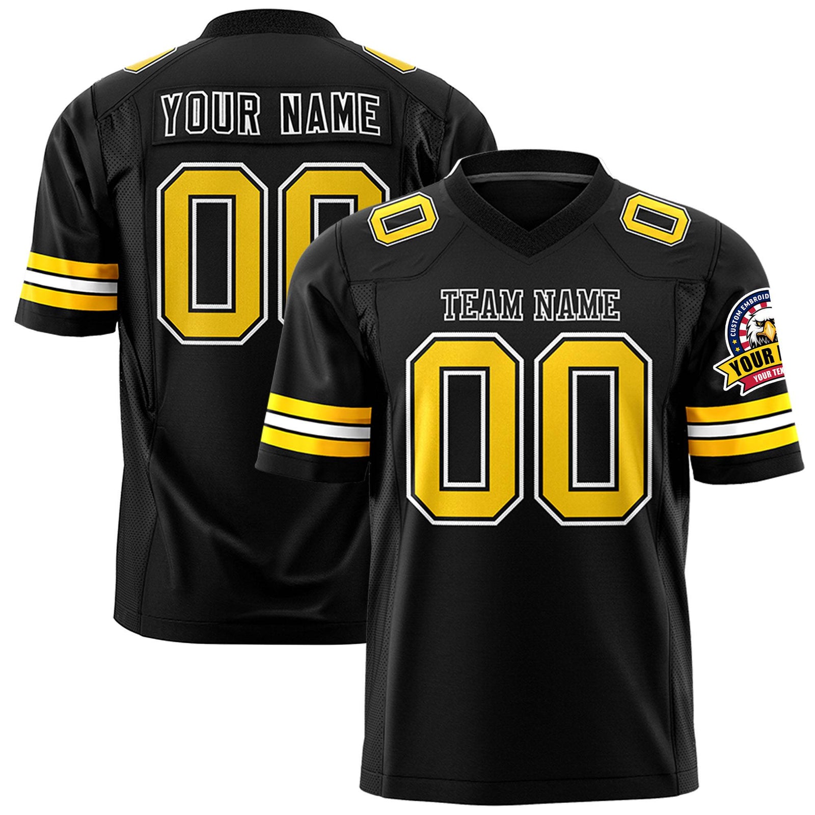Custom Black Gold-White Mesh Authentic Football Jersey