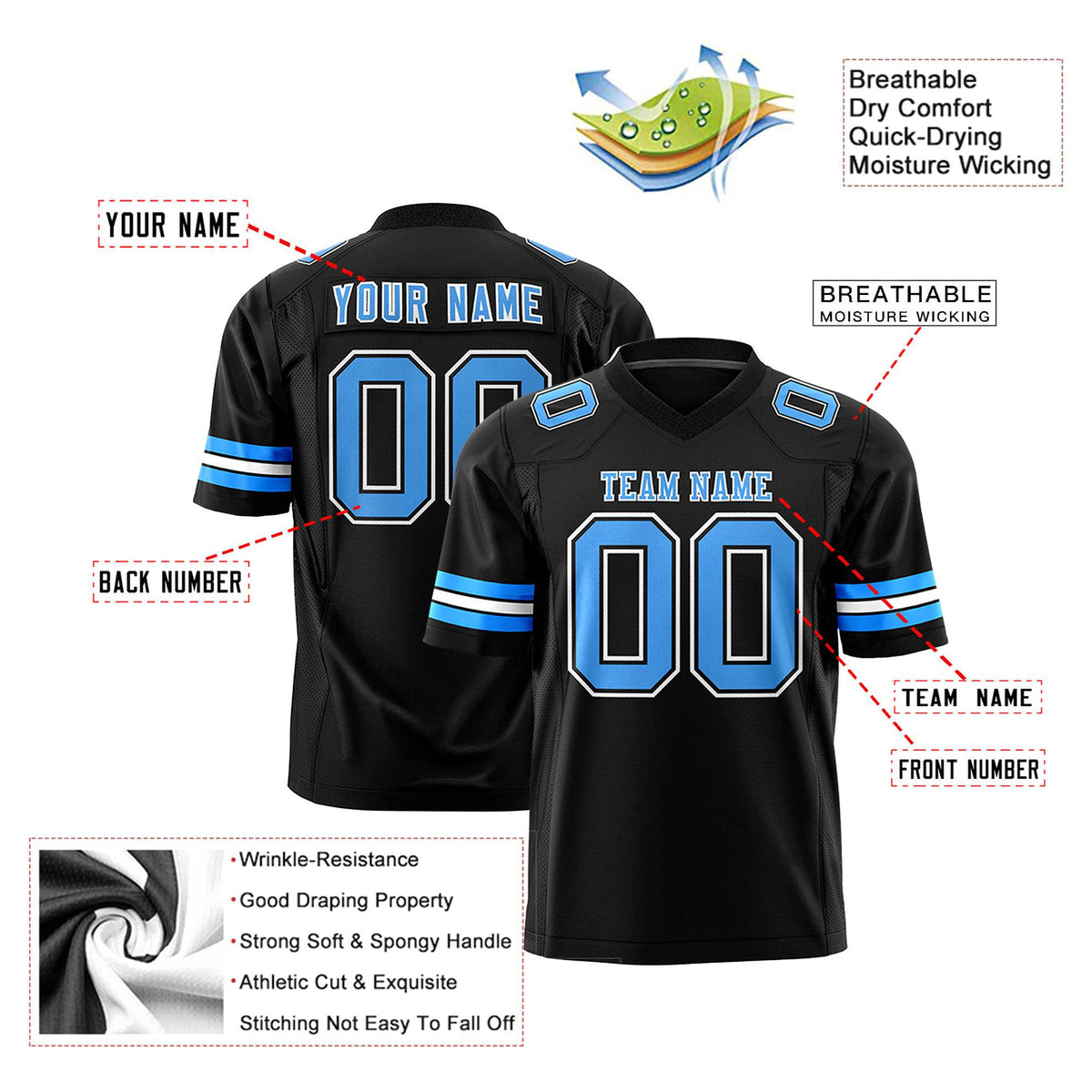 Custom Black Powder Blue-White Mesh Authentic Football Jersey