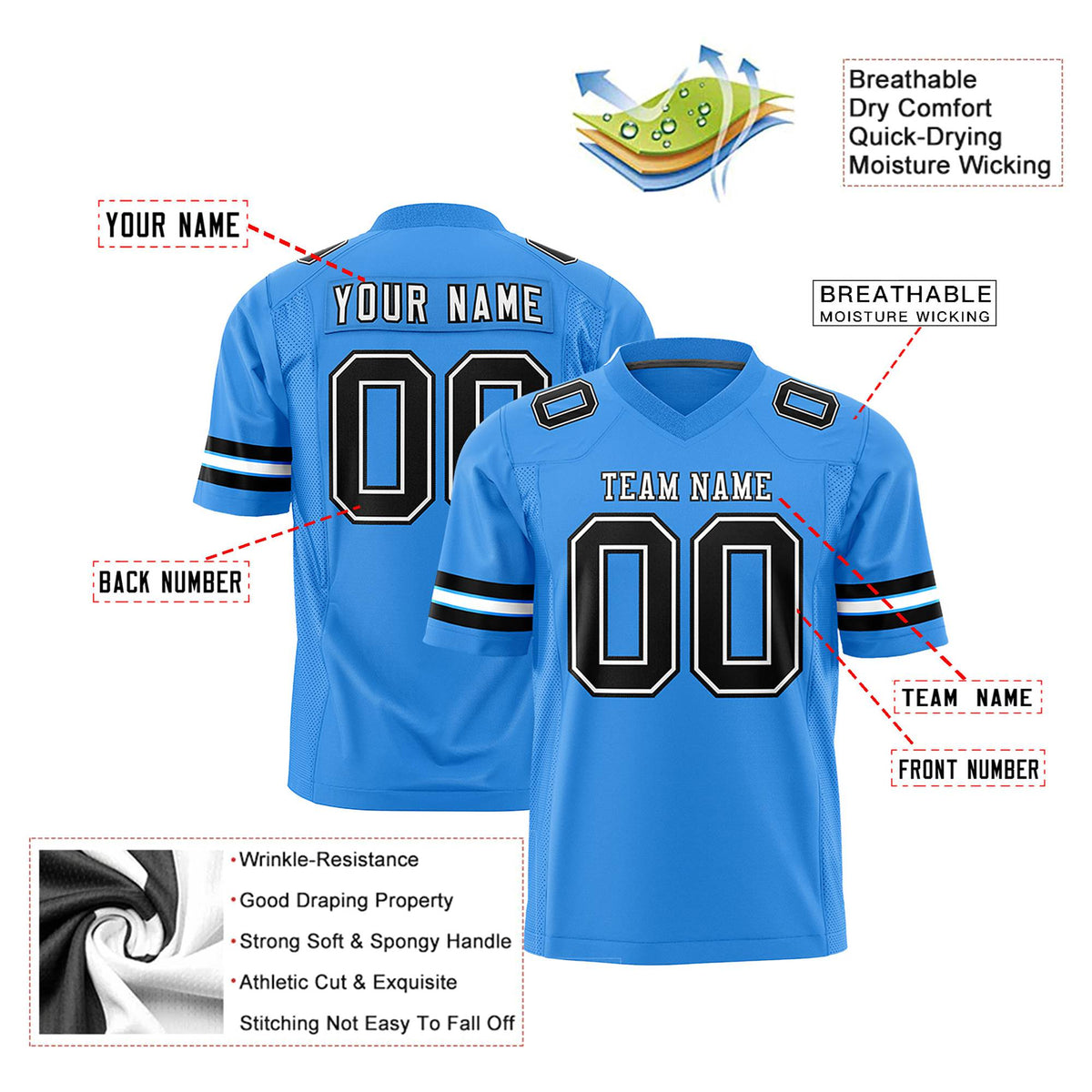 Custom Powder Blue Black-White Mesh Authentic Football Jersey