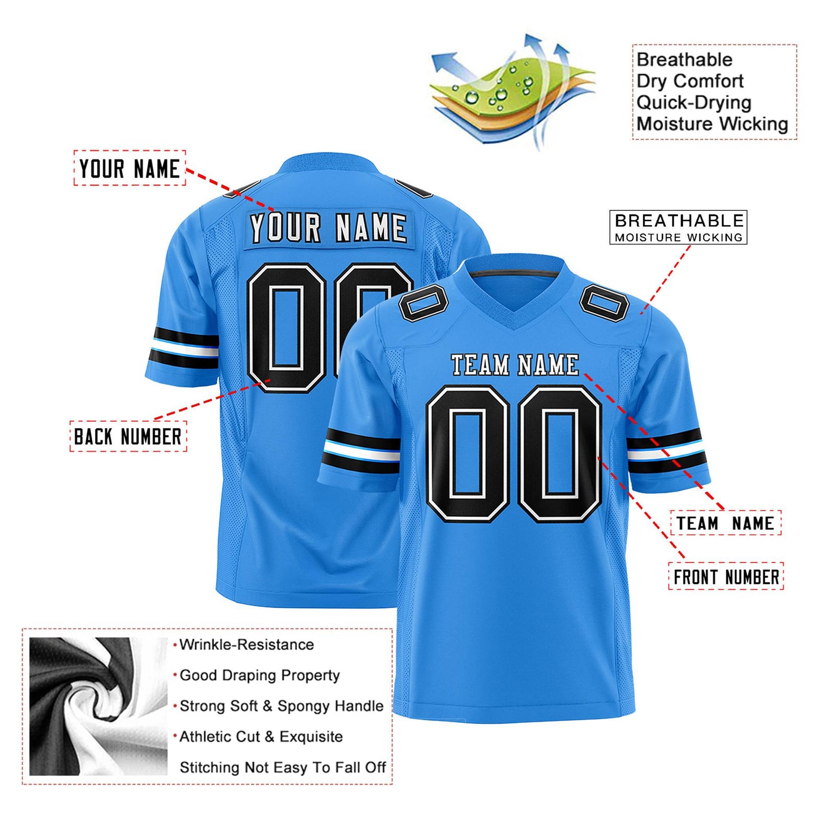 Custom Powder Blue Black-White Mesh Authentic Football Jersey