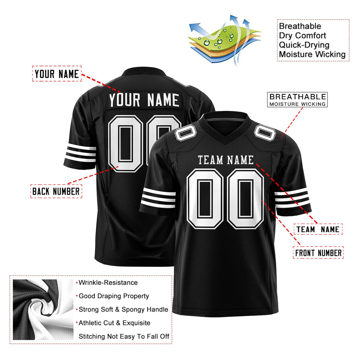 Custom Black White Mesh Authentic Football Jersey
