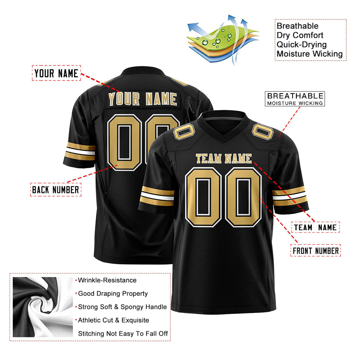 Custom Black-Old Gold-White Mesh Authentic Football Jersey