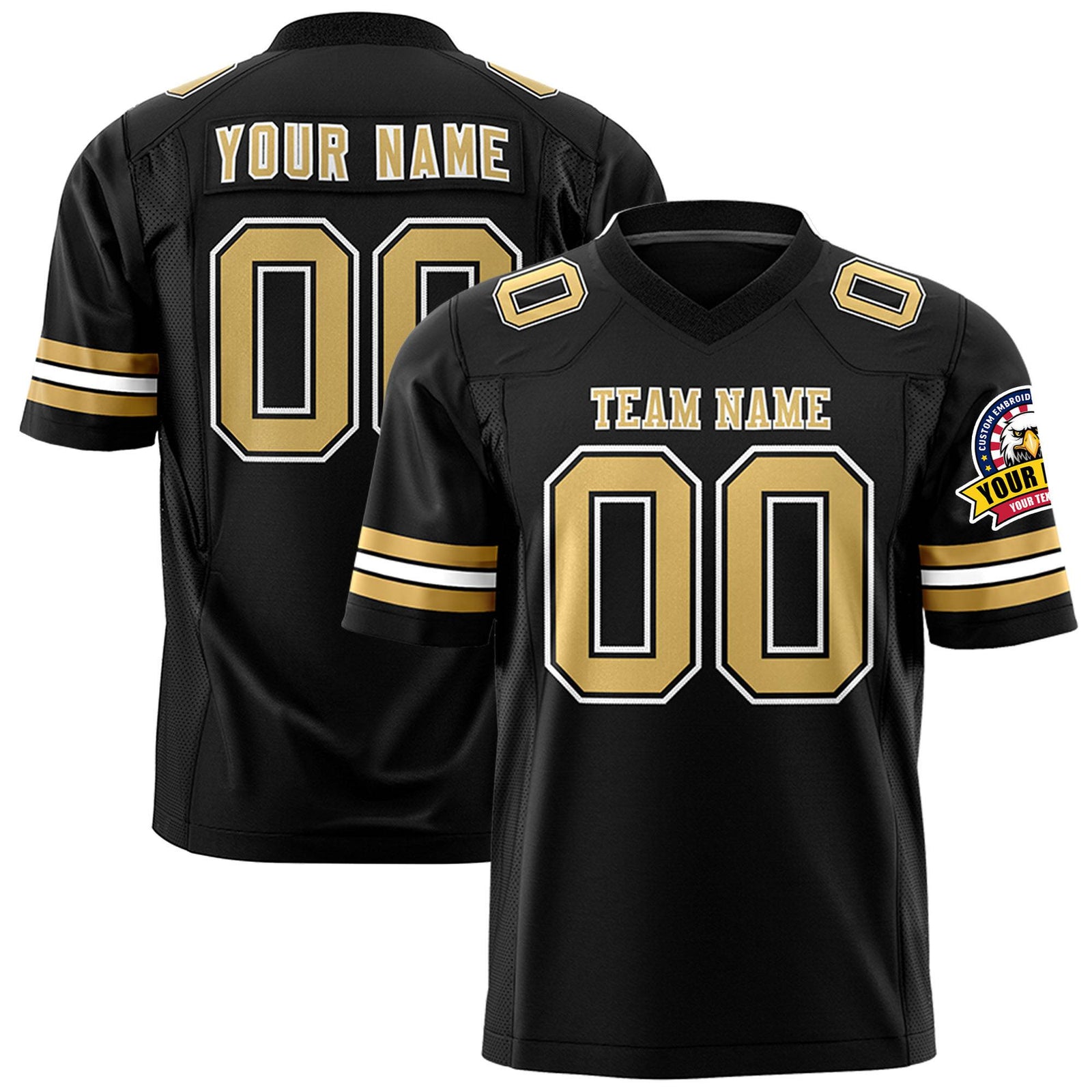 Custom Black-Old Gold-White Mesh Authentic Football Jersey
