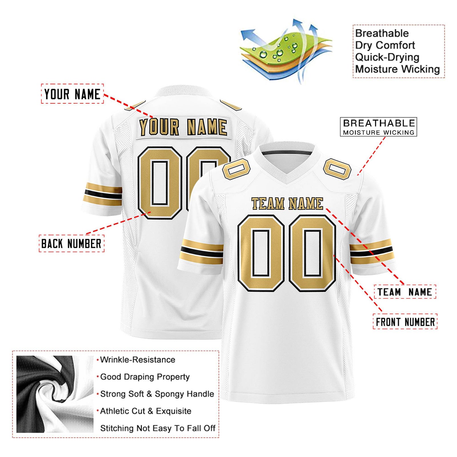 Custom White-Old Gold-Black Mesh Authentic Football Jersey