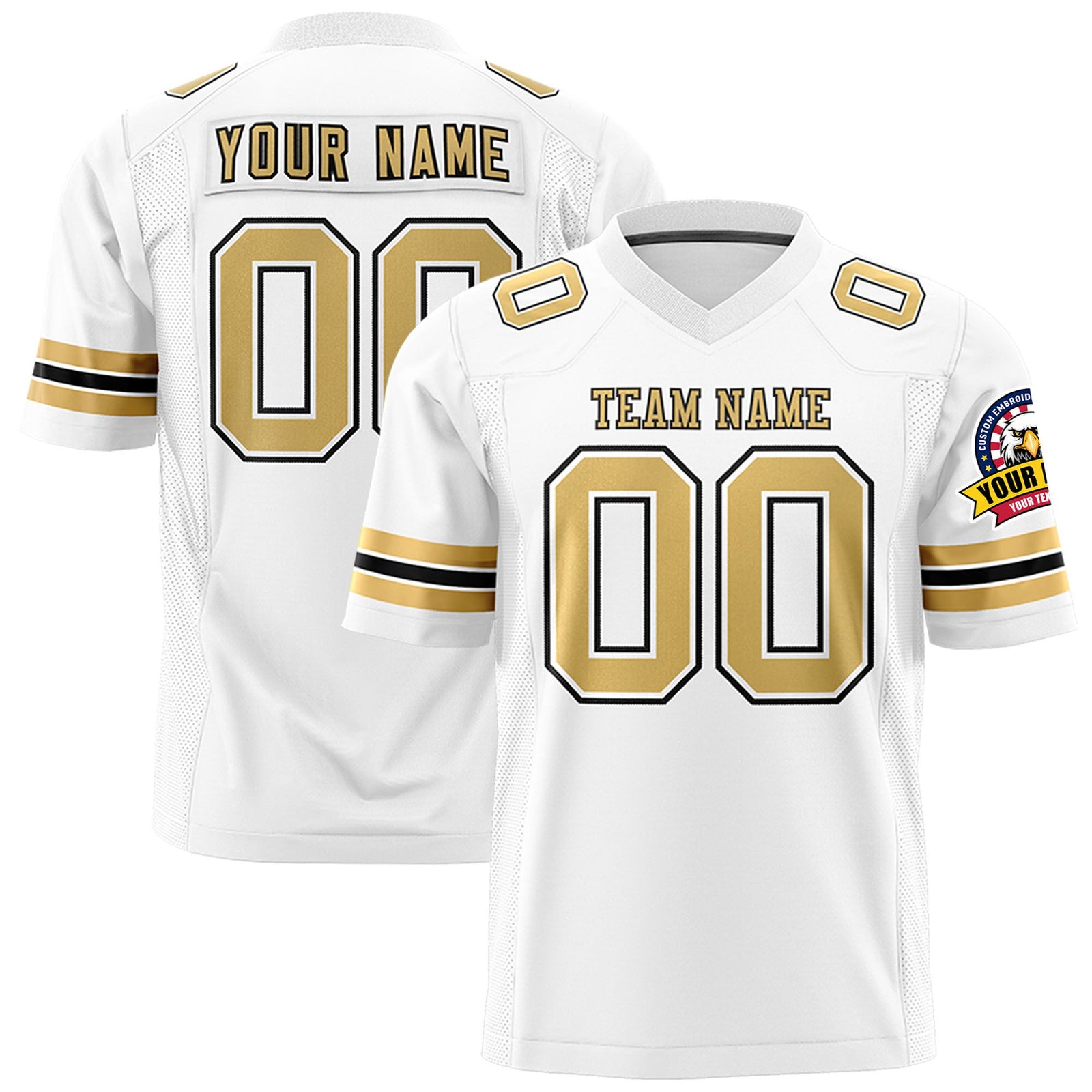Custom White-Old Gold-Black Mesh Authentic Football Jersey