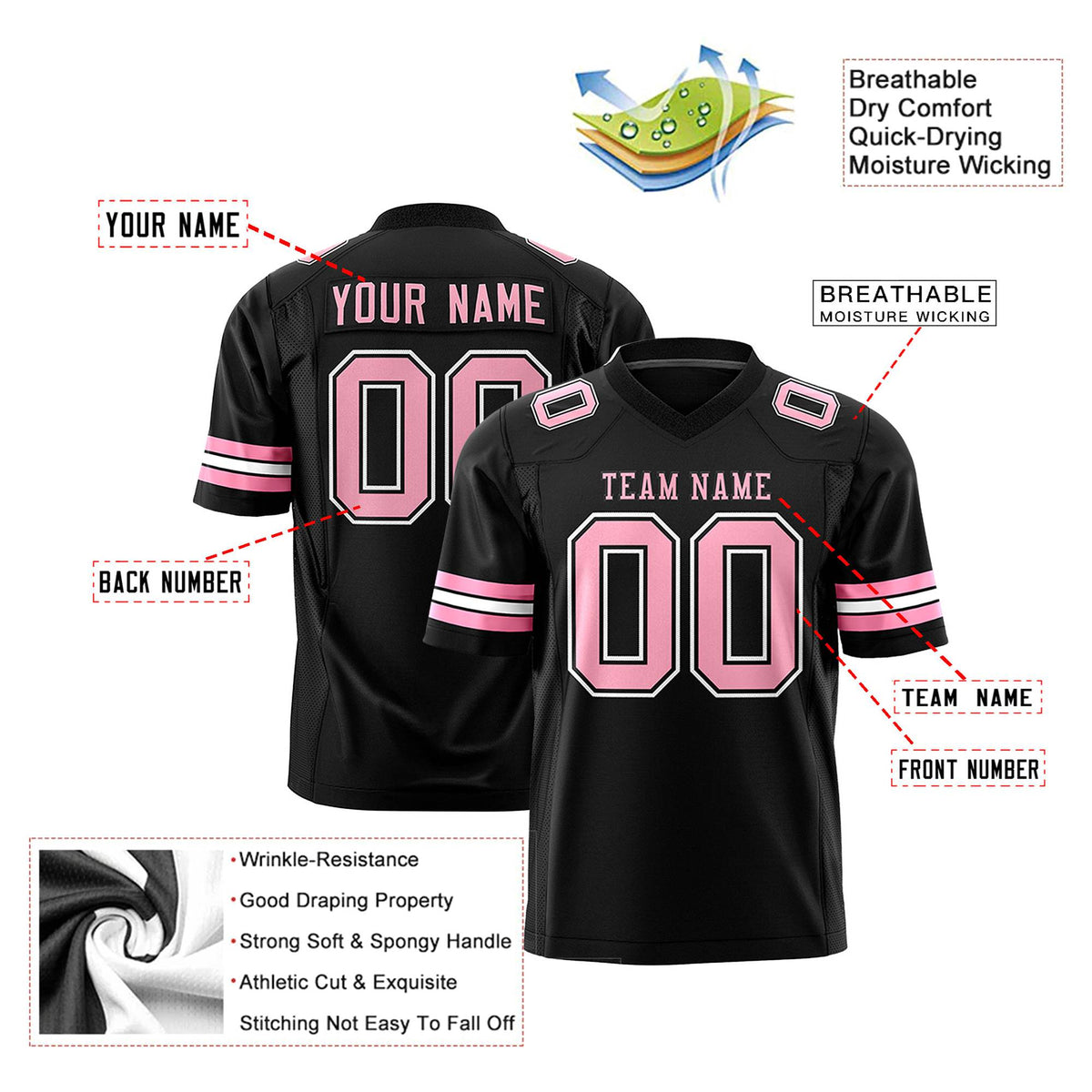 Custom Black-Light Pink-White Mesh Authentic Football Jersey